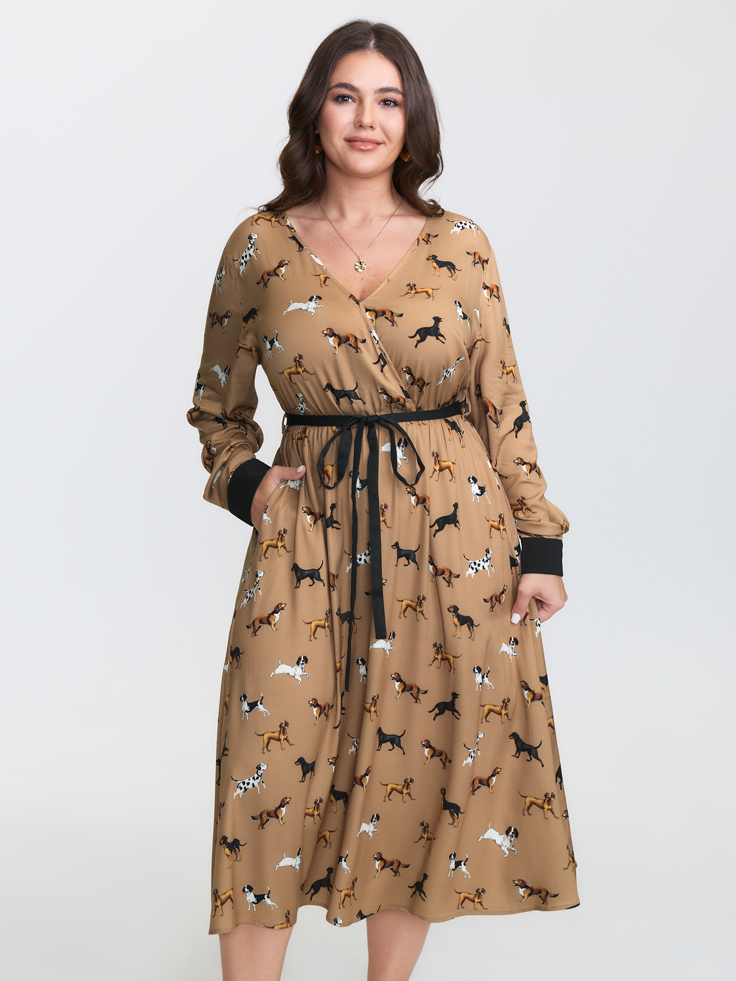 BloomChic Women's Plus Size Puppy Print Waist-Tie Color Contrast Midi Dress Bronze Non Midi Everyday-Casual Overlapping 30/6X