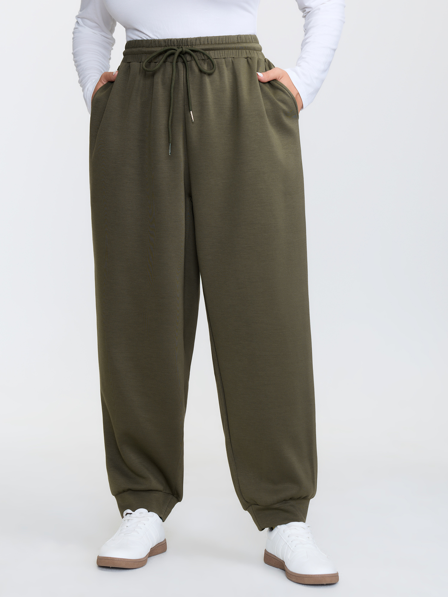 BloomChic Women's Plus Size Supersoft Stretchy Drawstring Knit Pants ArmyGreen Solid Jogger Mid Rise 12/L