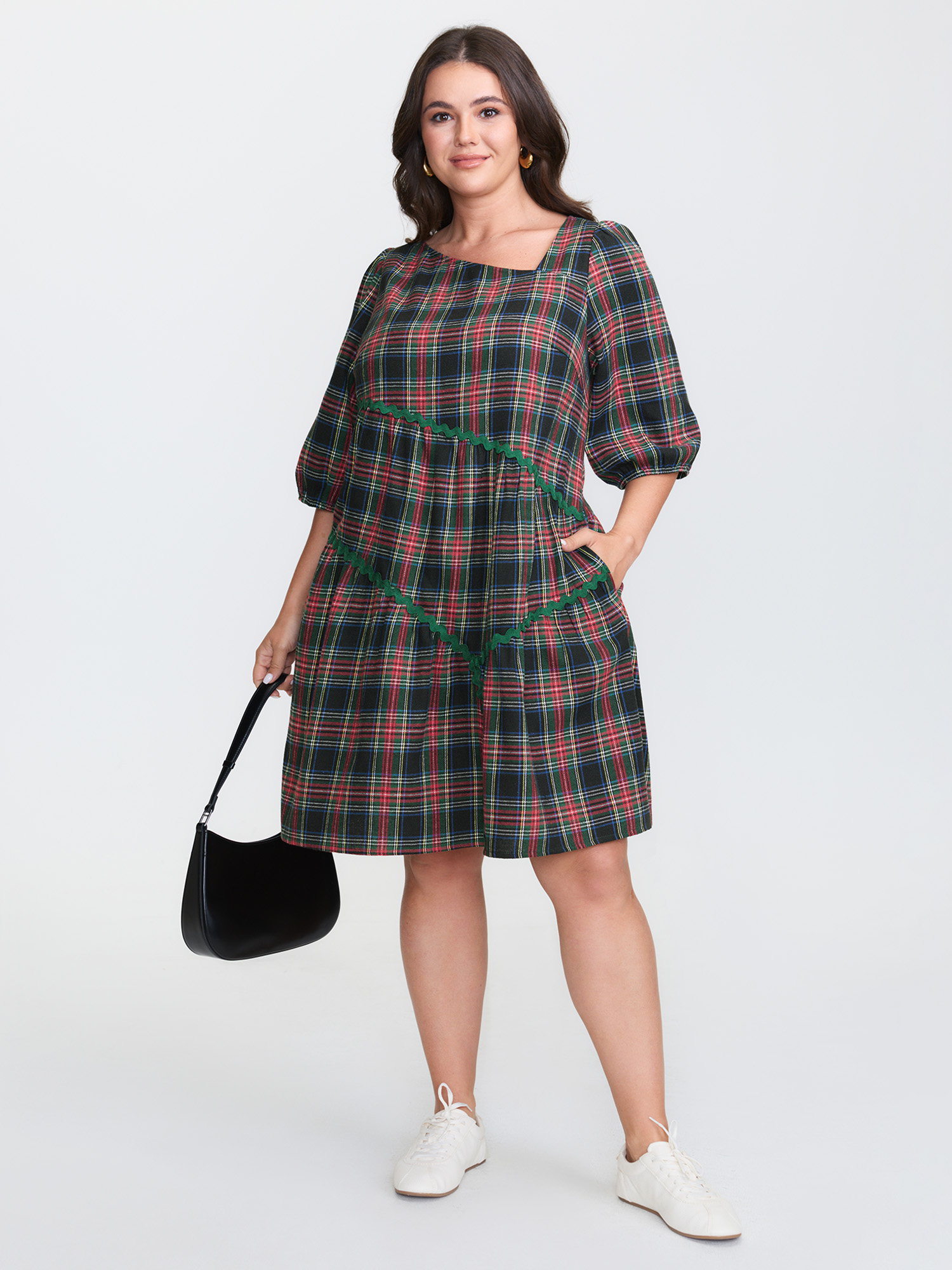 BloomChic Women's Plus Size Festive Plaid Wavy Trim Mini Dress DarkGreen Plaid Mini Everyday-Casual Asymmetrical 10/M
