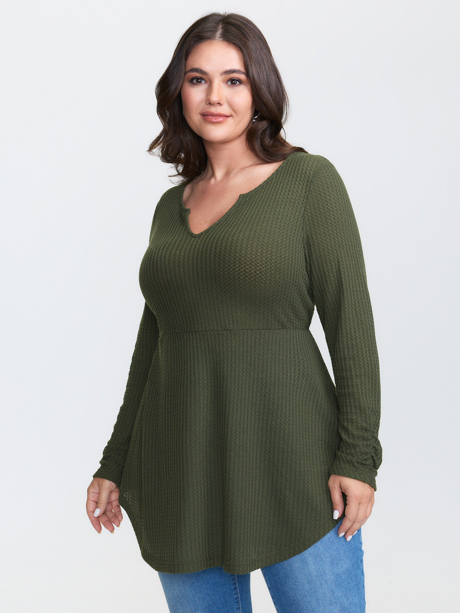 BloomChic Women's Plus Size Waffle Backless Tie Curvy Hem Top ArmyGreen Long Sleeve Everyday-Casual V-Notch Neck 10/M