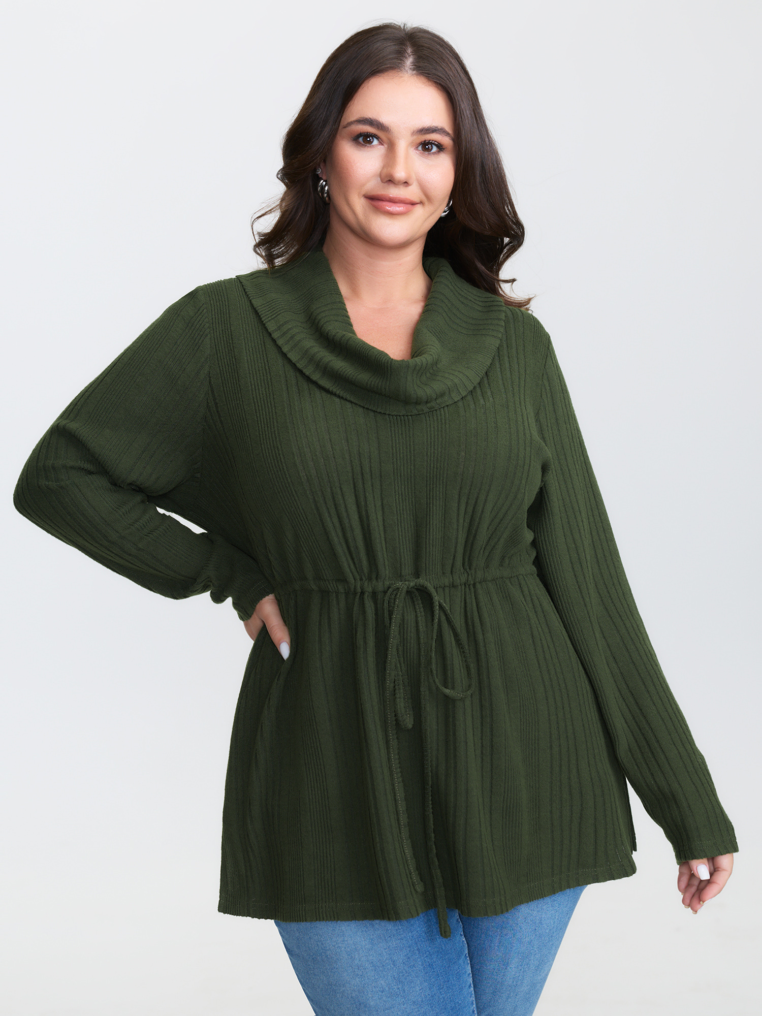 BloomChic Women's Plus Size Textured Stretchy Adjustable Turtleneck T-Shirt DarkGreen Solid Everyday-Casual Long Sleeve Funnel Neck 10/M