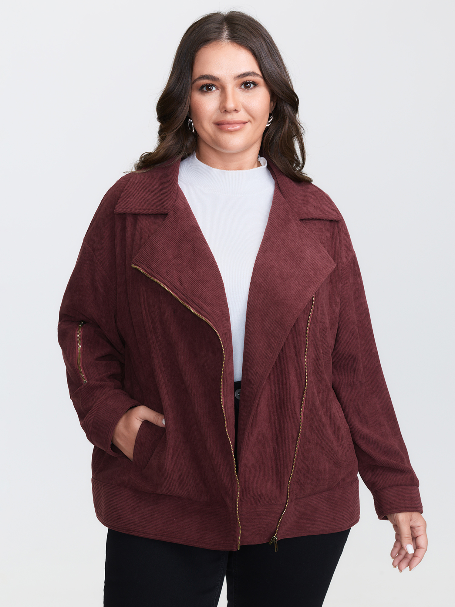 BloomChic Women's Plus Size Corduroy Zipper Notched Lapels Pocket Jacket Burgundy Texture H-line 10/M