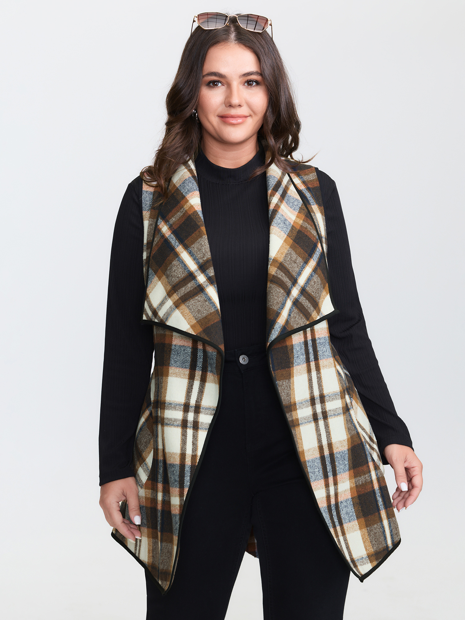 BloomChic Women's Plus Size Grid Belted Notched Lapel Collar Vest DarkBlue Cable Knit 26/4X-image-47800572936362