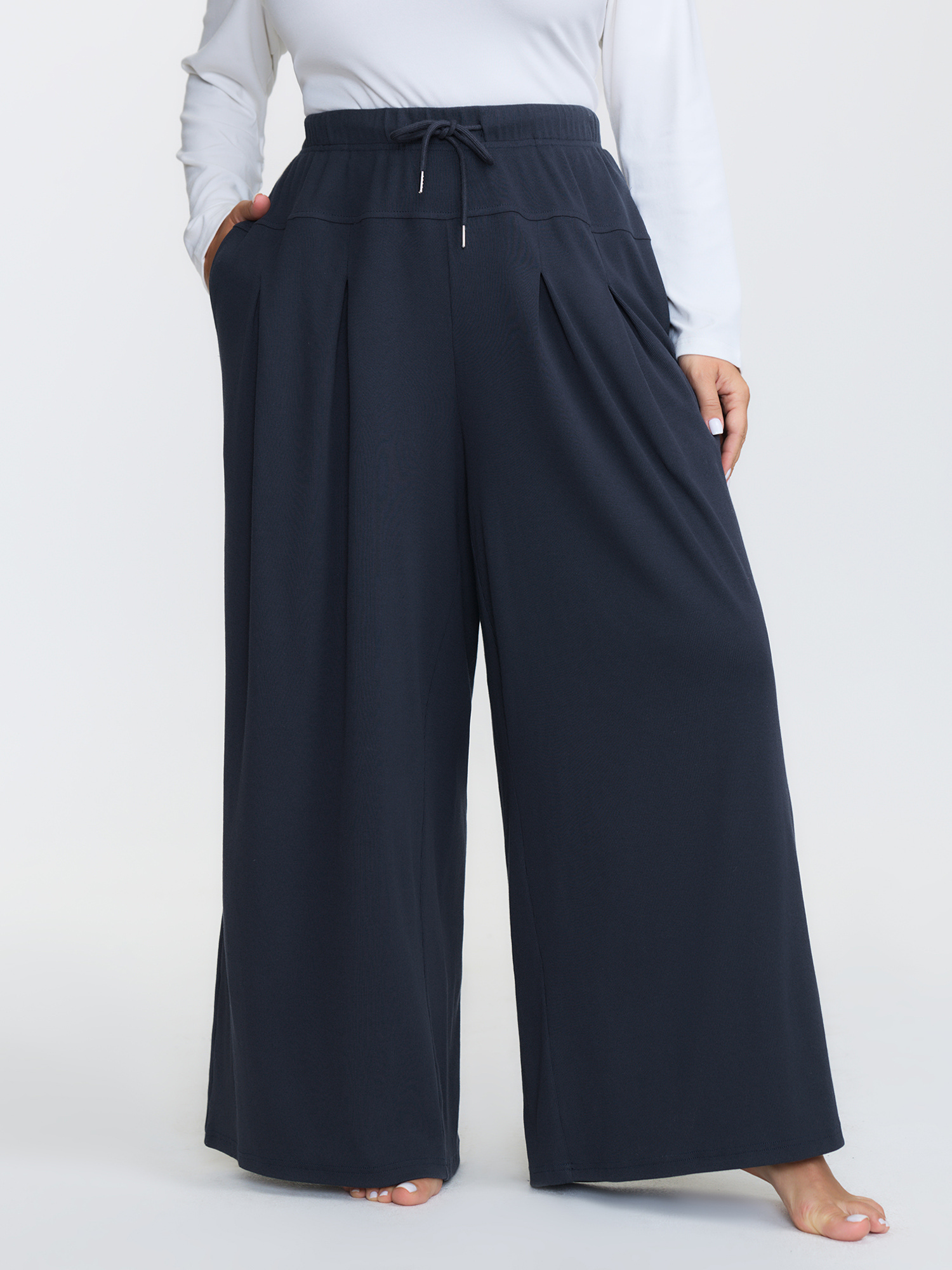 BloomChic Women's Plus Size Pure Cotton Pleated Pockets Lounge Bottoms DarkBlue Tall 26/4X-image-47755266752682