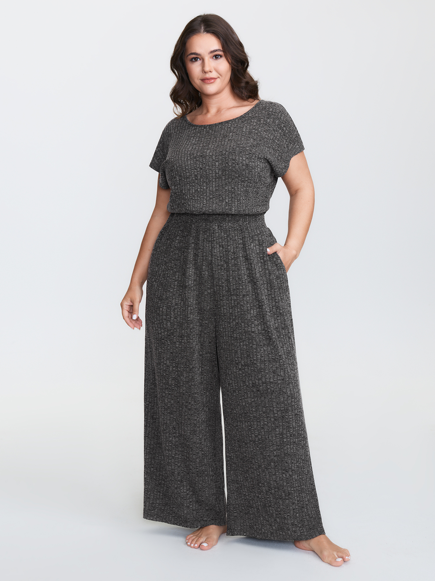 BloomChic Women's Plus Size Supersoft Ribbed Pockets Back-Tie Lounge Jumpsuit DimGray not graphics 30/6X-image-47755162124458
