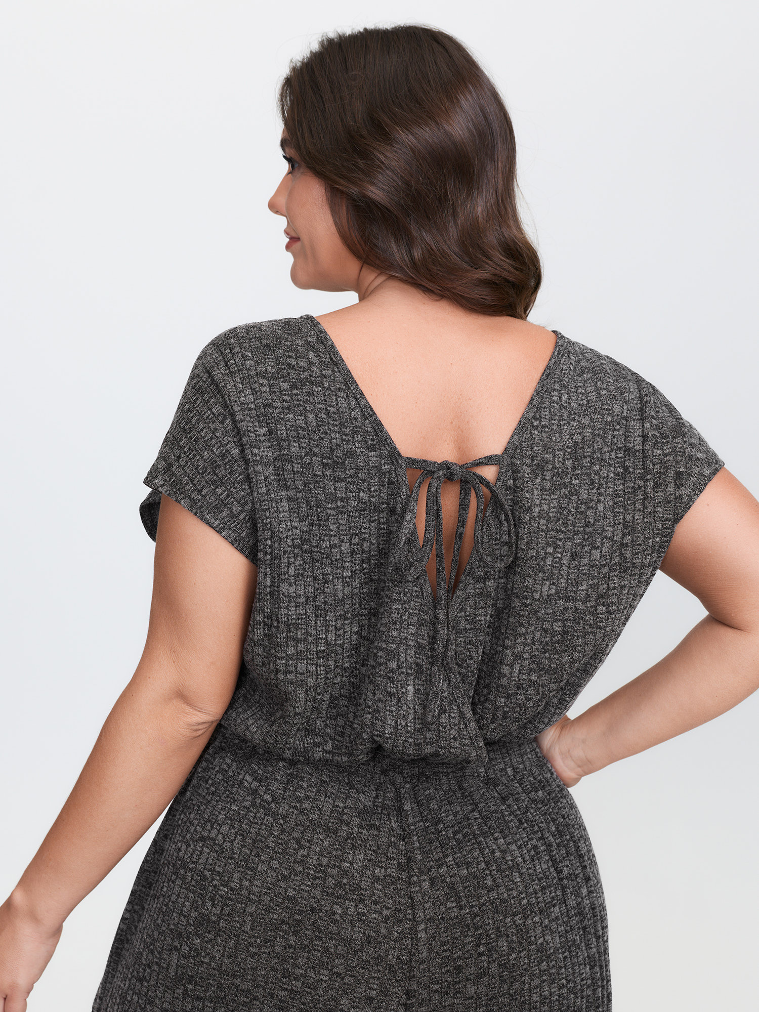 Side view of BloomChic Women's Plus Size Supersoft Ribbed Pockets Back-Tie Lounge Jumpsuit DimGray not graphics 14-16/1X