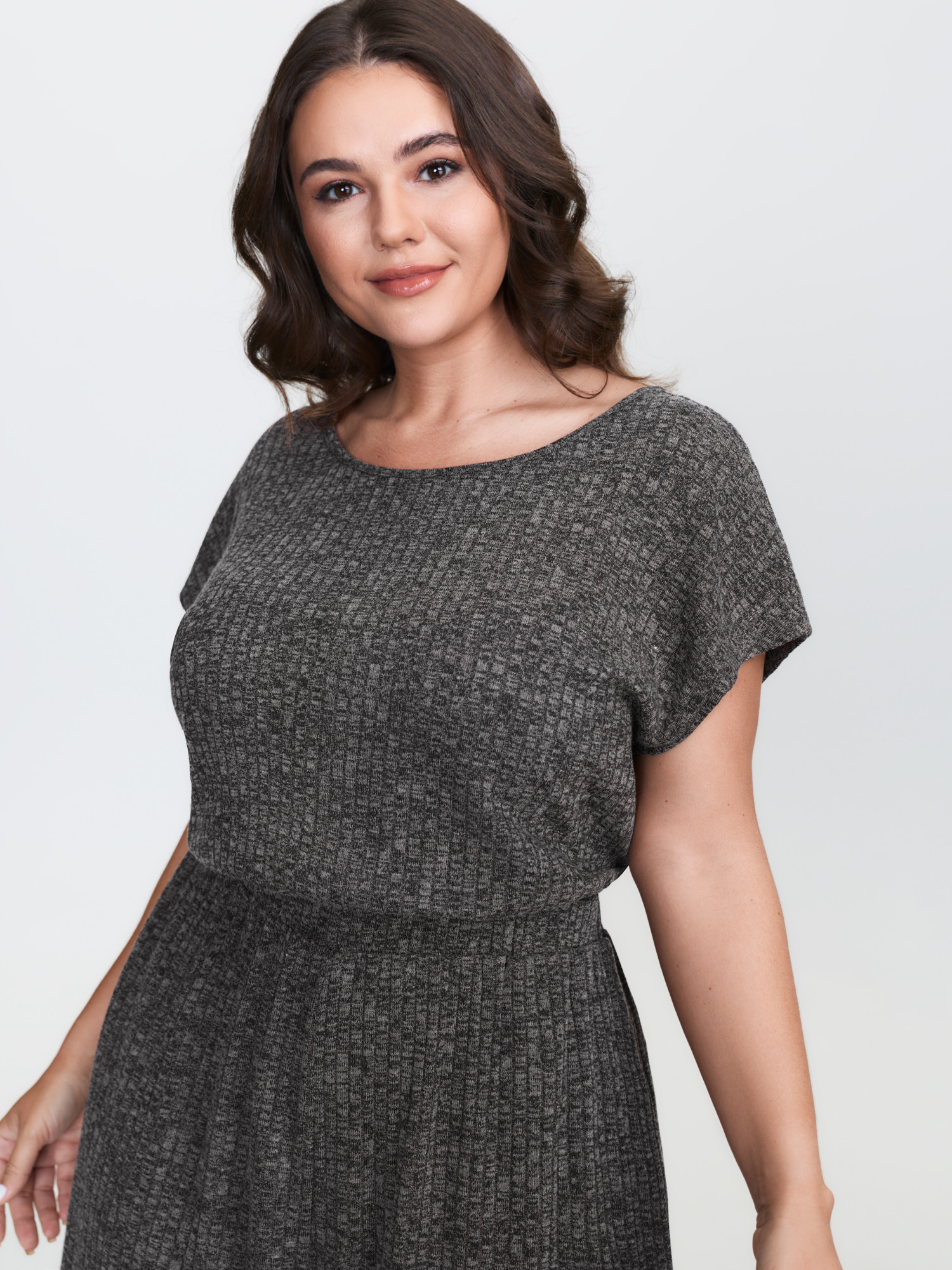 Side view of BloomChic Women's Plus Size Supersoft Ribbed Pockets Back-Tie Lounge Jumpsuit DimGray not graphics 14-16/1X