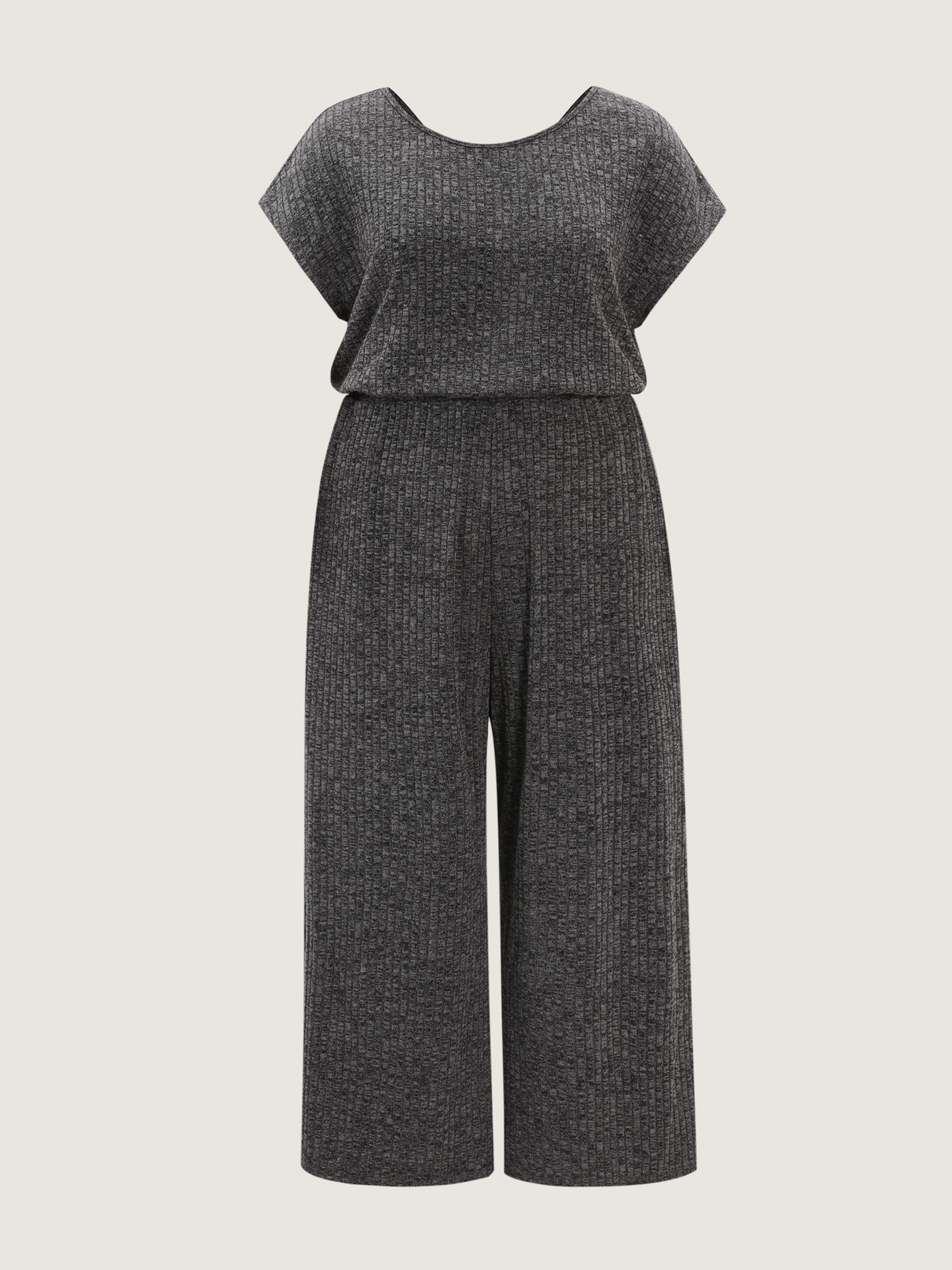 Side view of BloomChic Women's Plus Size Supersoft Ribbed Pockets Back-Tie Lounge Jumpsuit DimGray not graphics 14-16/1X