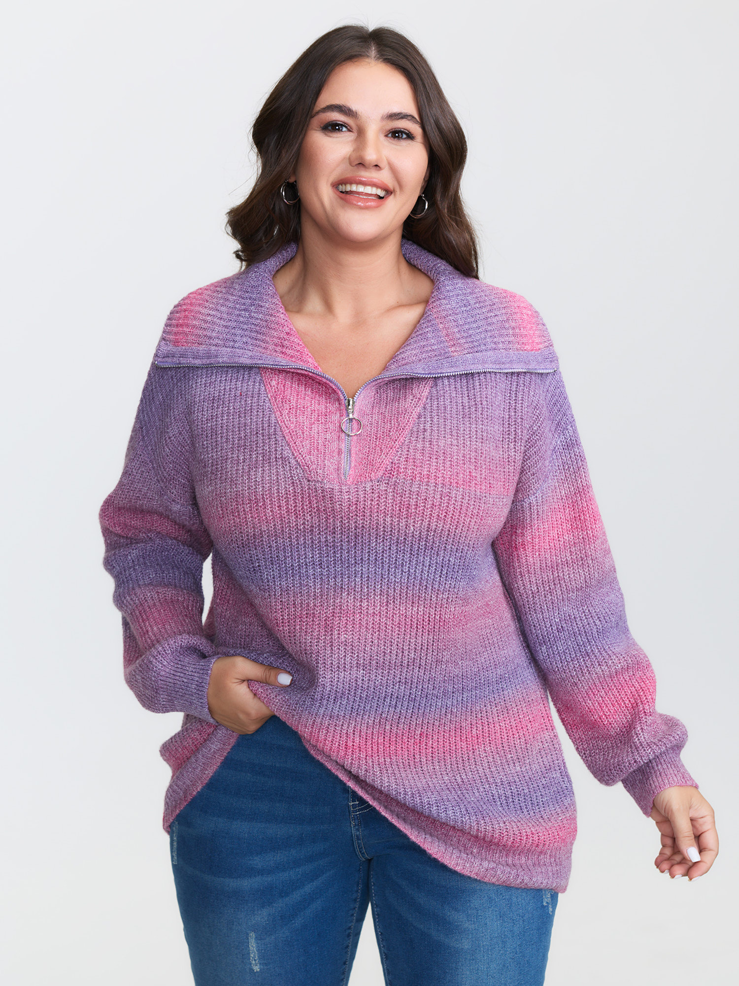 BloomChic Women's Plus Size Colorful Striped Textured Polo Pullover Multicolor Long Sleeve 10/M