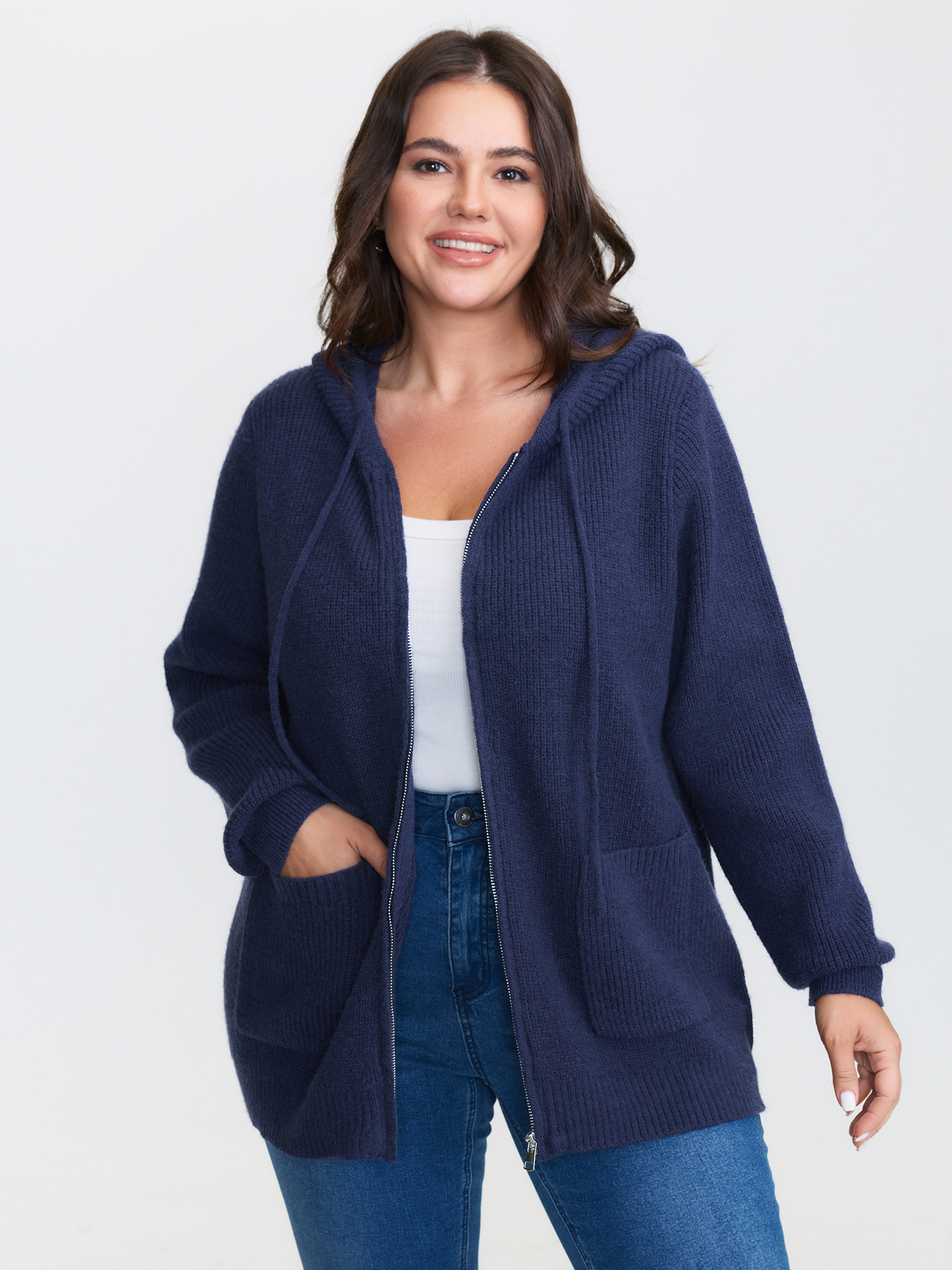 BloomChic Women's Plus Size Textured Hooded Pockets Zipper Cardigan Midnight Long Sleeve 10/M