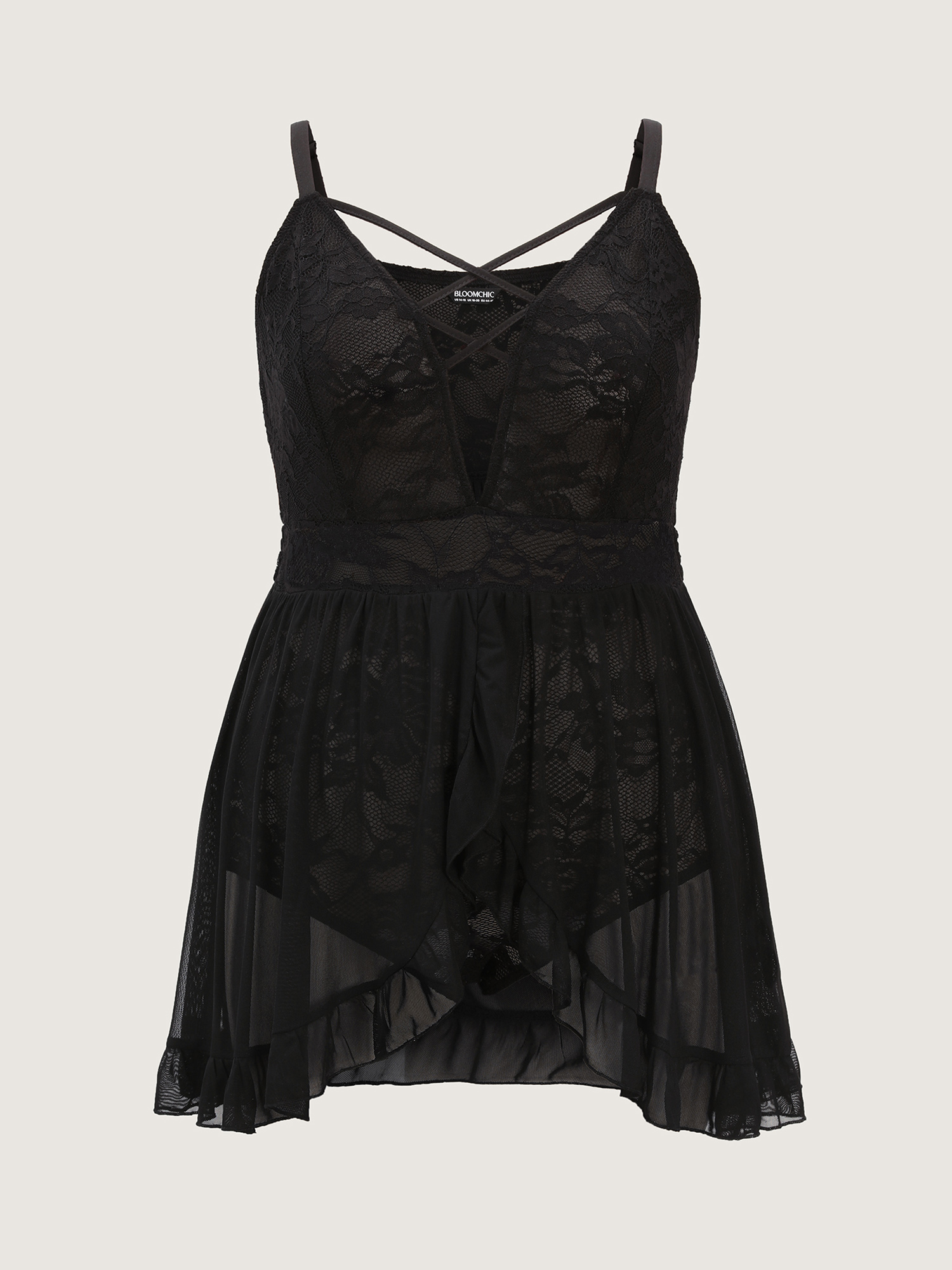 Side view of BloomChic Women's Plus Size Sheer Lace Ruffled Cut-Out Nightgown Black Sleeveless Tunic 10/M