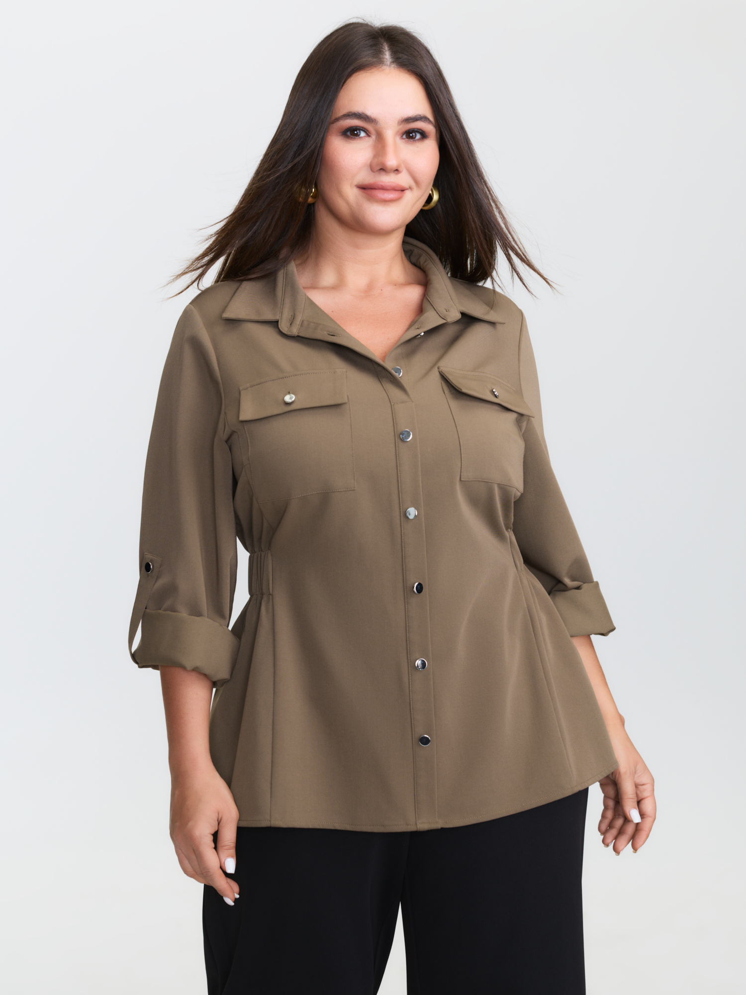 BloomChic Women's Plus Size Tab Sleeve Shirred Side Waist Blouse Yellowishbrown Non Office Long Sleeve 10/M