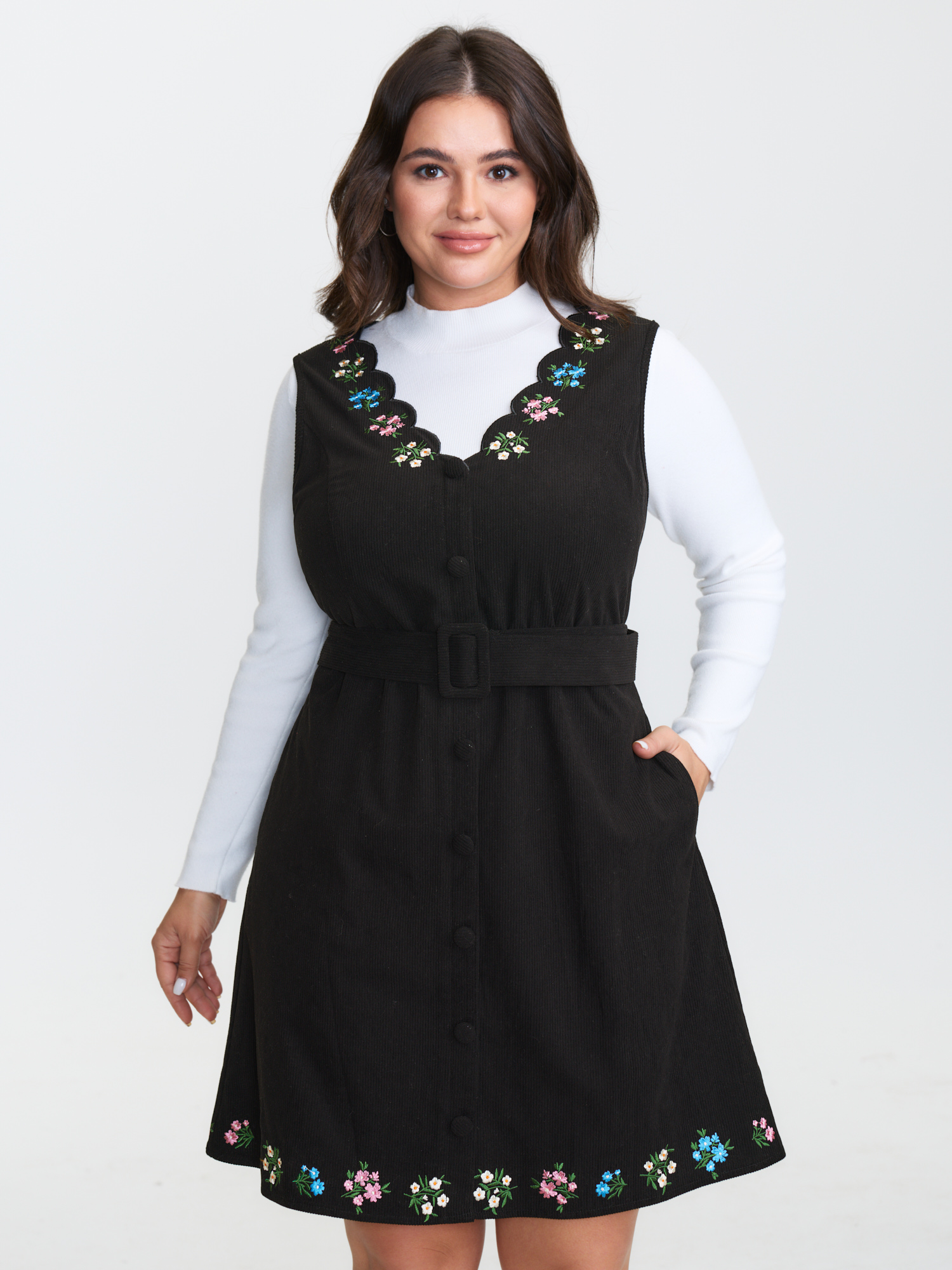 BloomChic Women's Plus Size Colorful Floral Embroidered Neckline Midi Dress Black Synthetic texture Short Everyday-Casual Texture 10/M