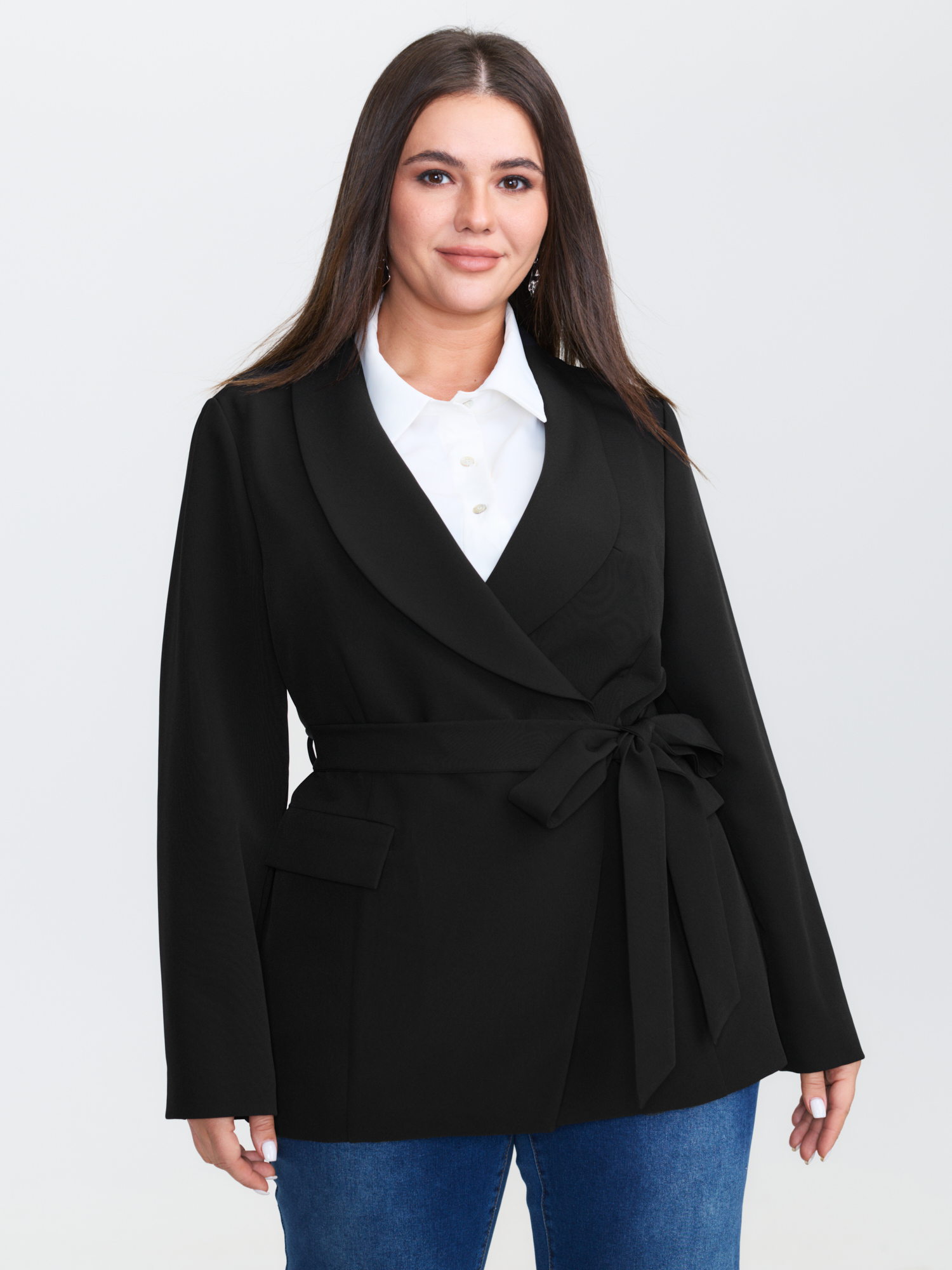 BloomChic Women's Plus Size Side Belted Plain Blazer Pureblack Sleeveless Extra Long Sleeve 30/6X-image-47728589799594