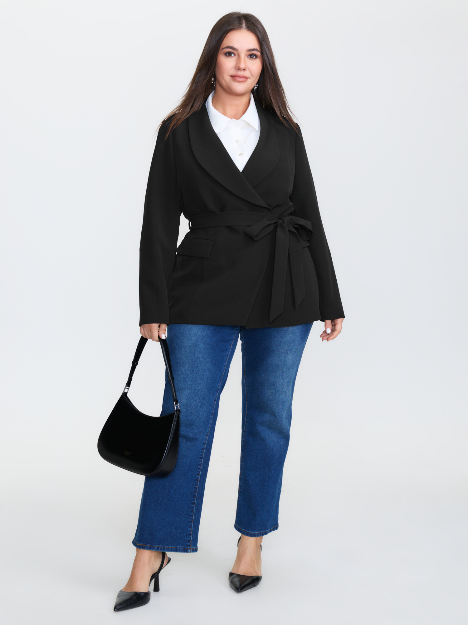 Side view of BloomChic Women's Plus Size Side Belted Plain Blazer Pureblack Sleeveless Extra Long Sleeve 22-24/3X