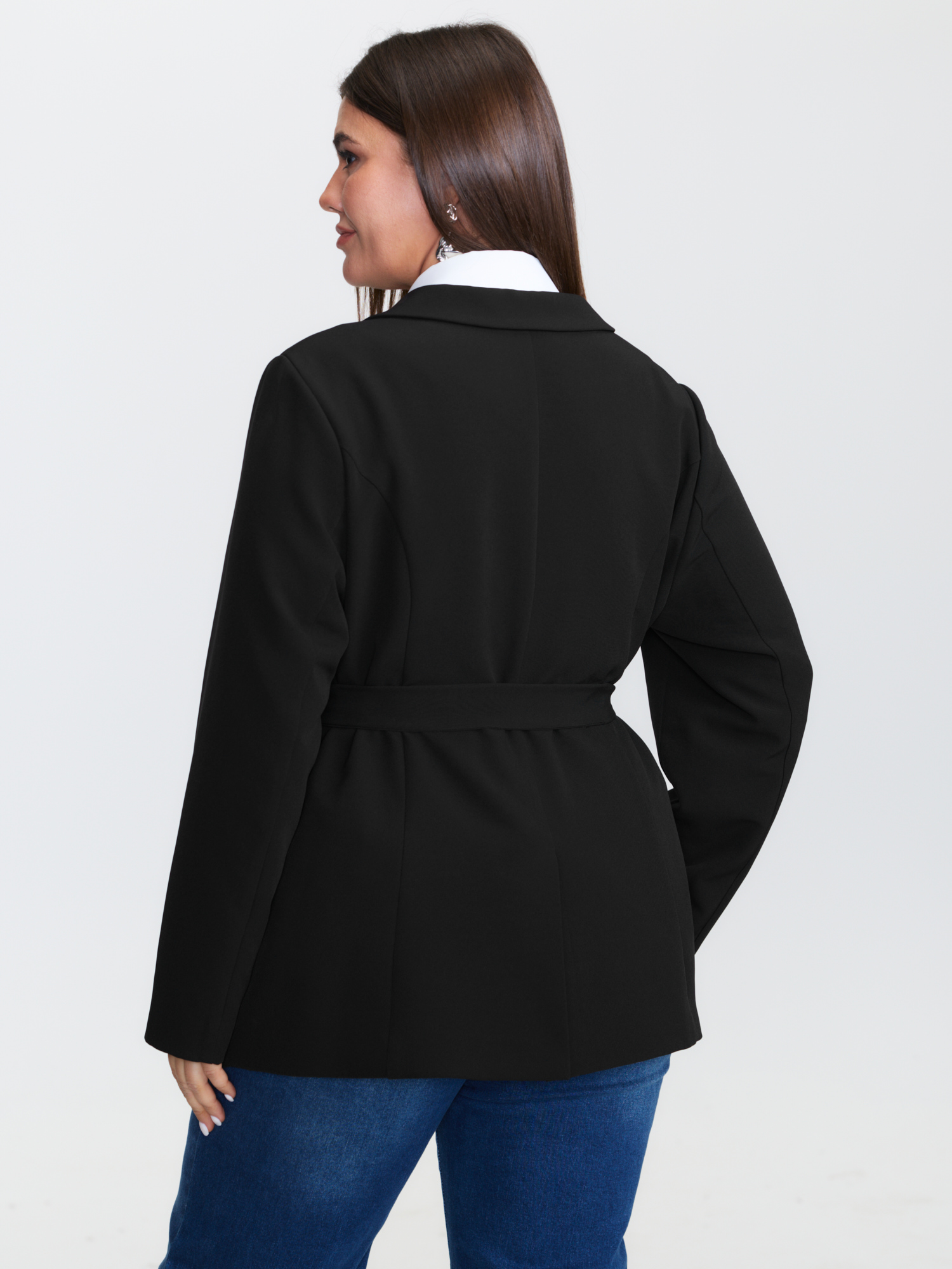 Side view of BloomChic Women's Plus Size Side Belted Plain Blazer Pureblack Sleeveless Extra Long Sleeve 22-24/3X