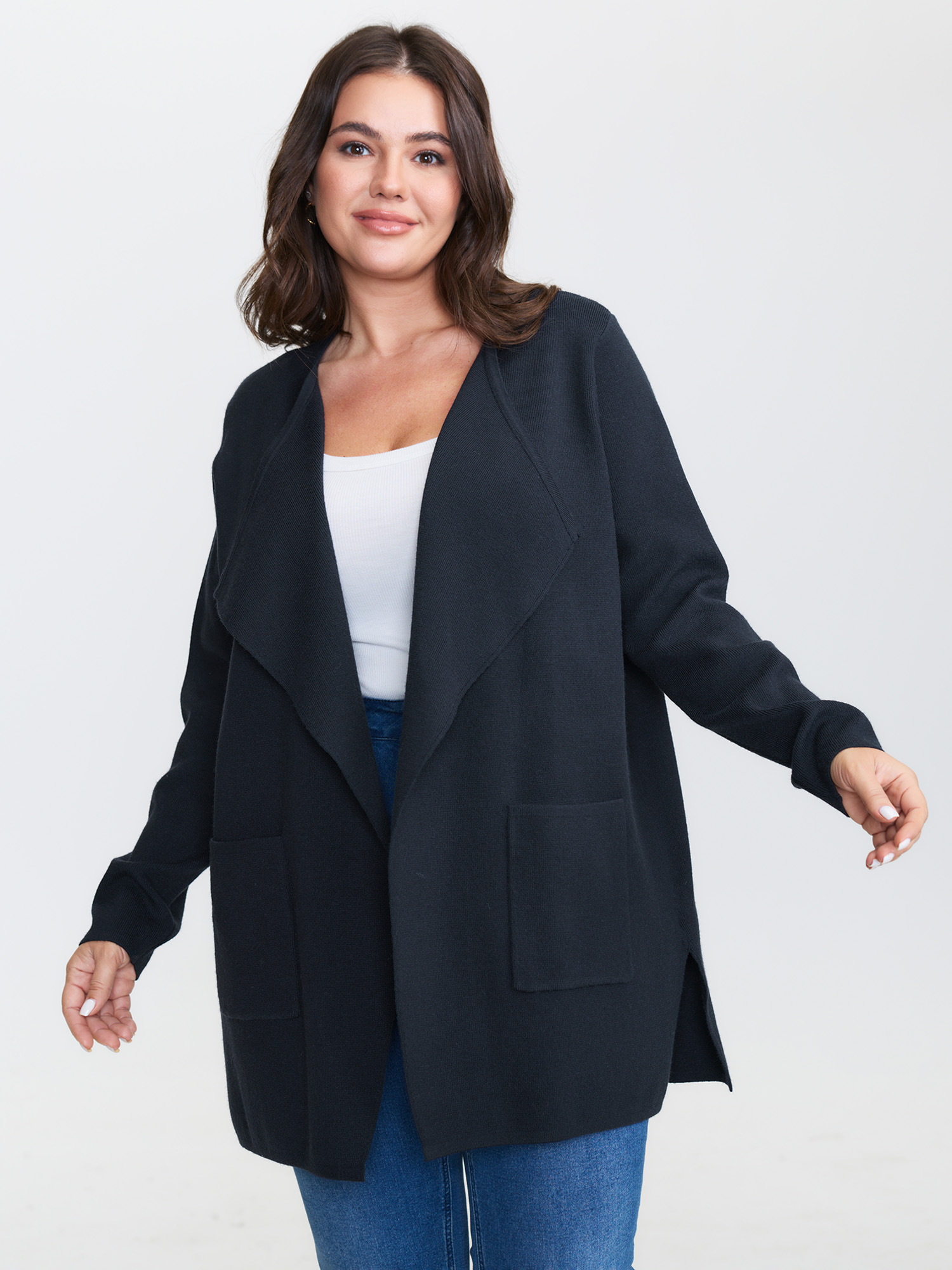 BloomChic Women's Plus Size Asymmetrical Notched Lapel Collar Open Cardigan Navy Long Sleeve Wide Lapel 10/M