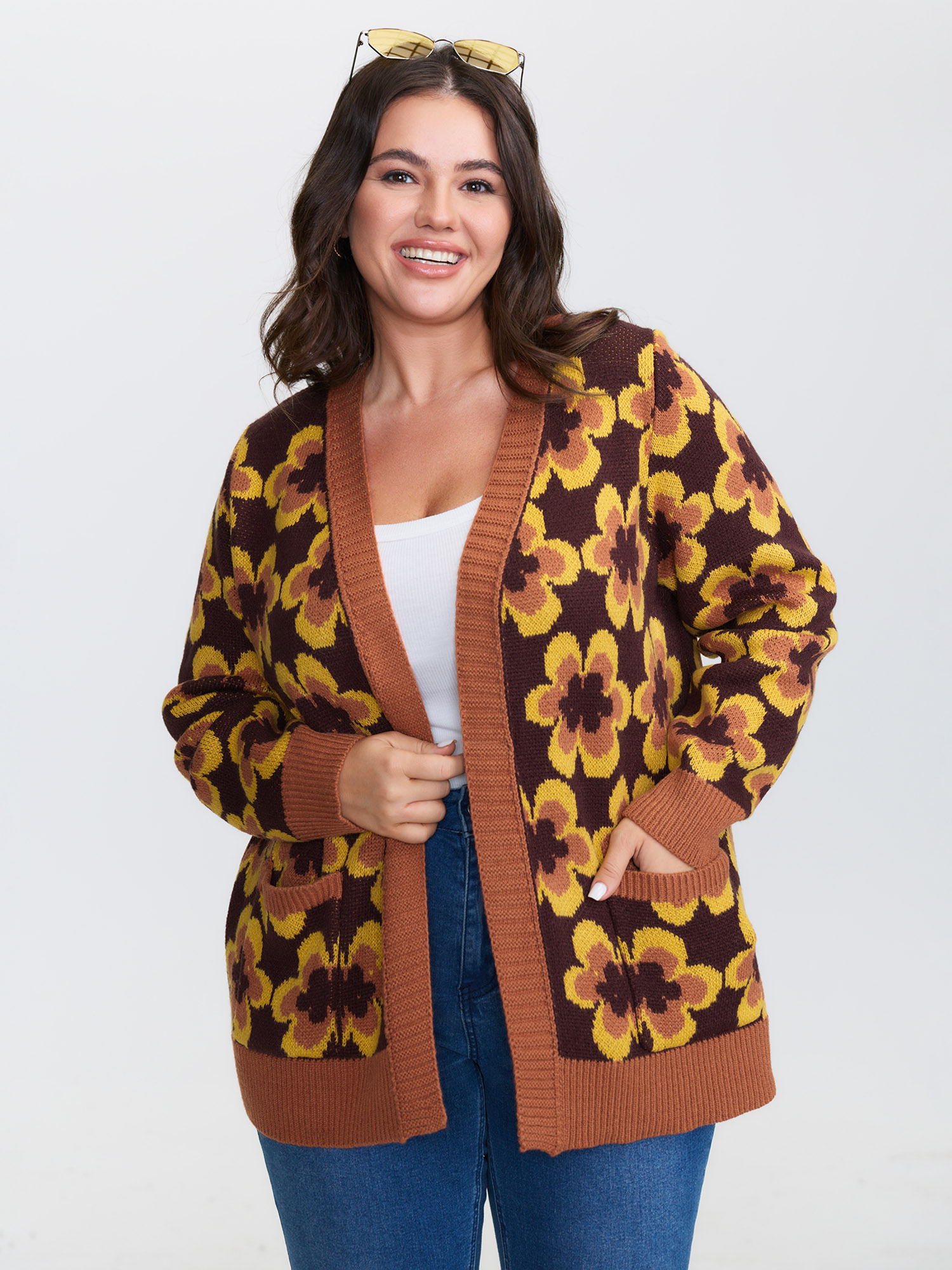 BloomChic Women's Plus Size Retro Floral Jacquard Knit Cardigan Rust Long Sleeve V-Neck 10/M