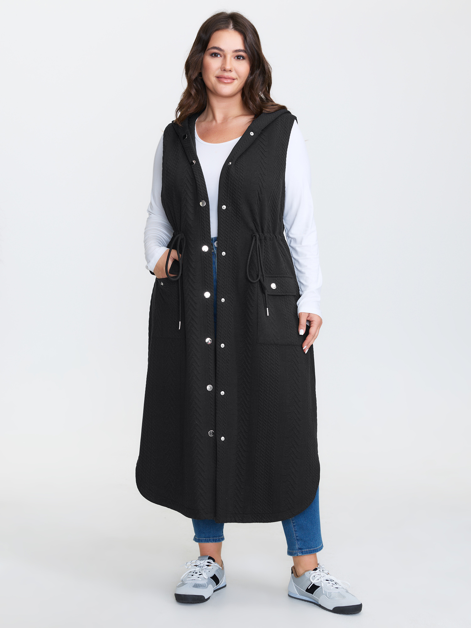 BloomChic Women's Plus Size Textured Hooded Drawstring Waist Vest Black Lace-Up 28/5X-image-47765335113898