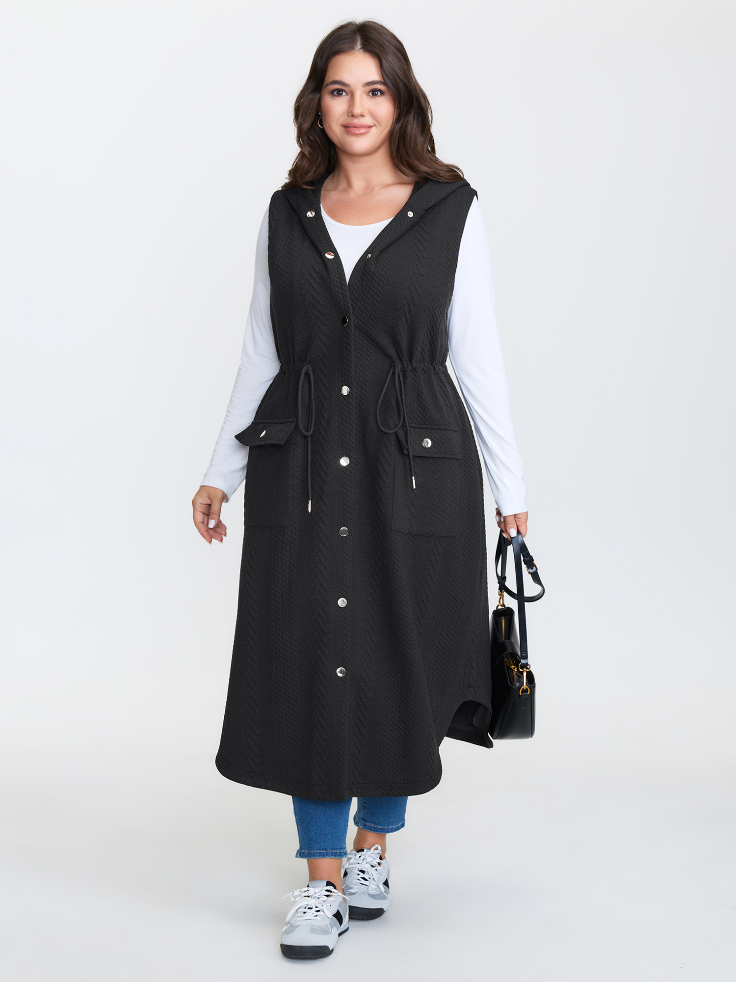 Side view of BloomChic Women's Plus Size Textured Hooded Drawstring Waist Vest Black Lace-Up 22-24/3X
