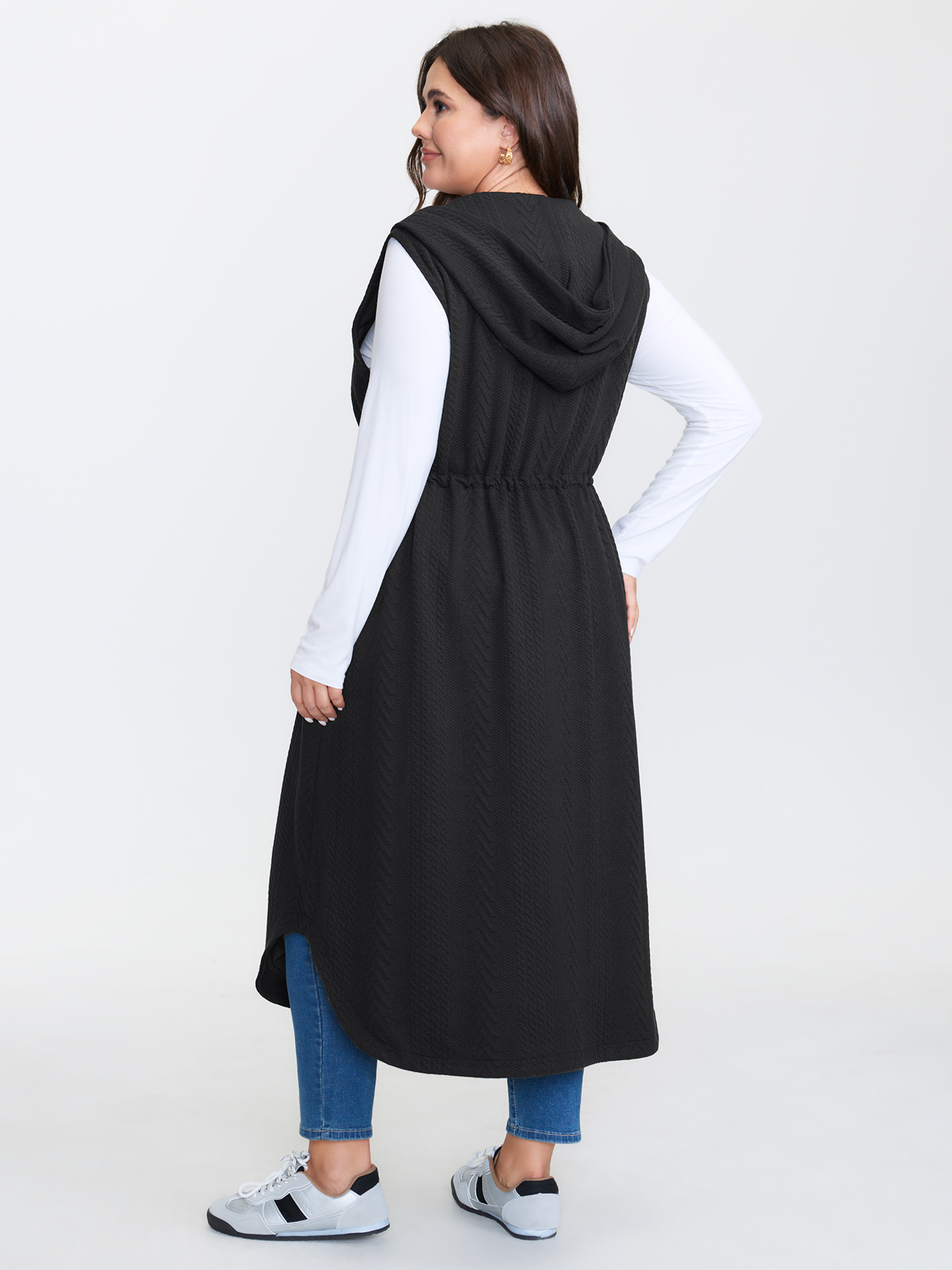 Side view of BloomChic Women's Plus Size Textured Hooded Drawstring Waist Vest Black Lace-Up 22-24/3X