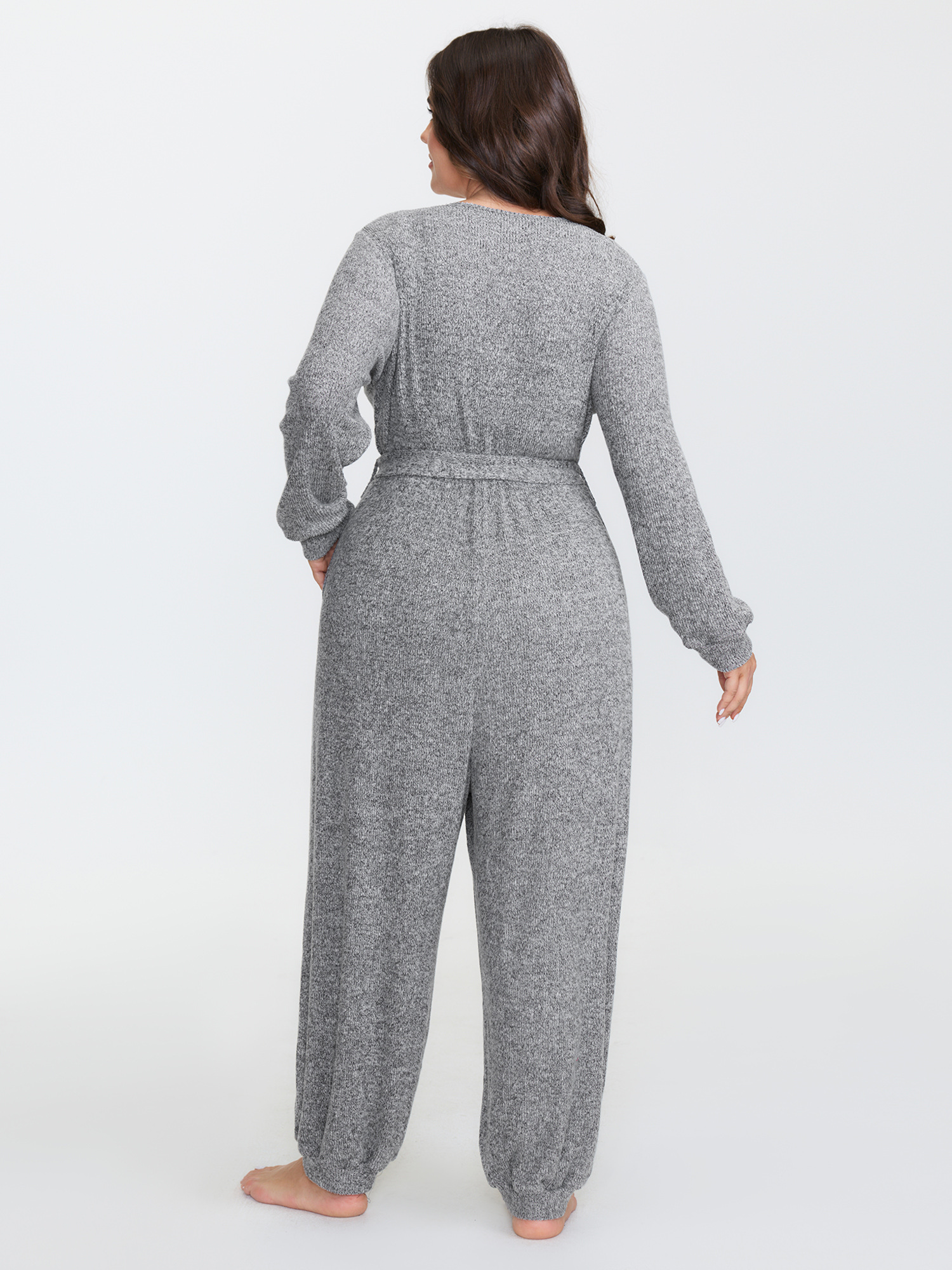 Side view of BloomChic Women's Plus Size Soft Wrap Waist-Tie Pockets Lounge Jumpsuit DarkGray not graphics 12/L