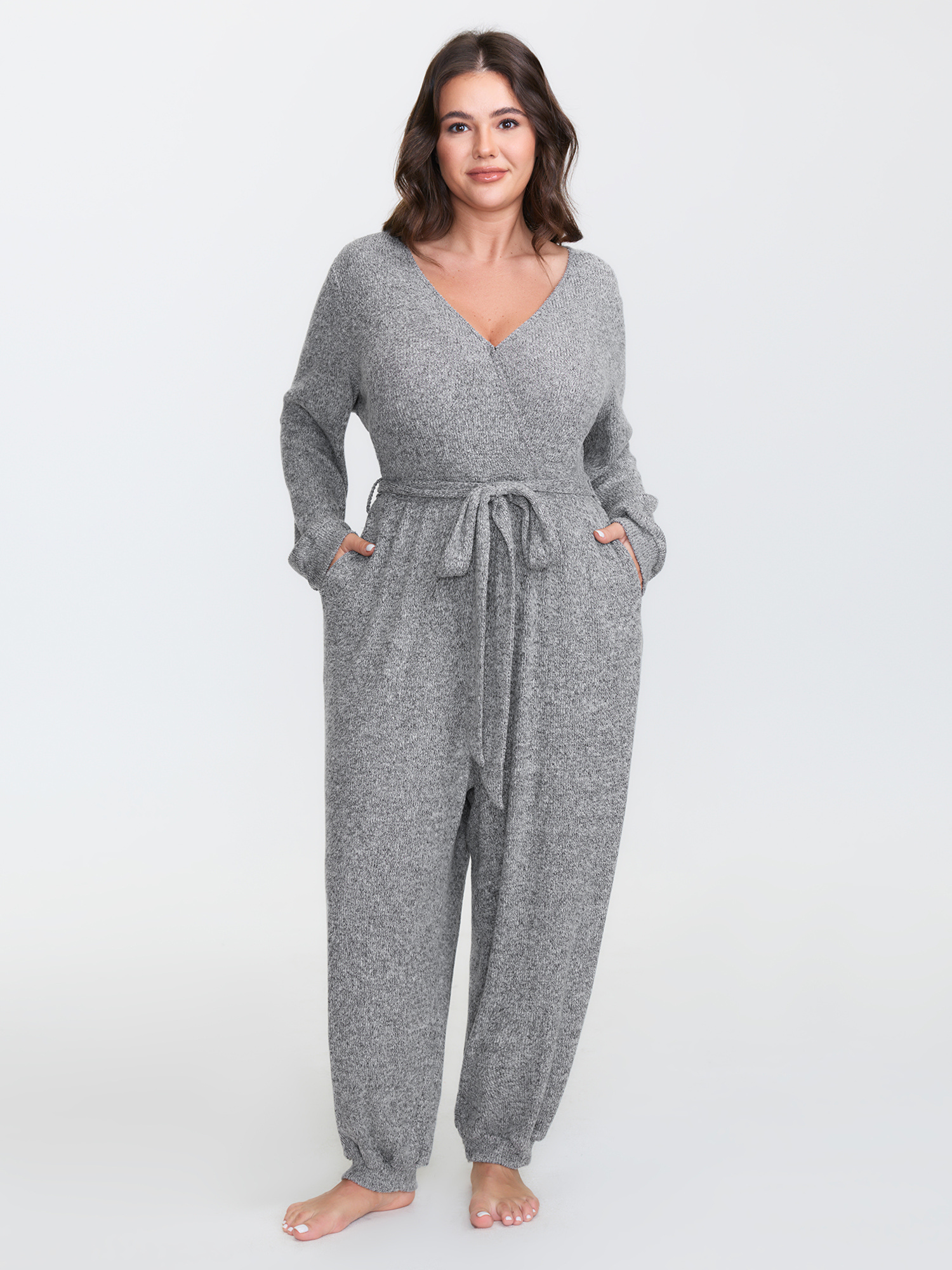 Side view of BloomChic Women's Plus Size Soft Wrap Waist-Tie Pockets Lounge Jumpsuit DarkGray not graphics 12/L