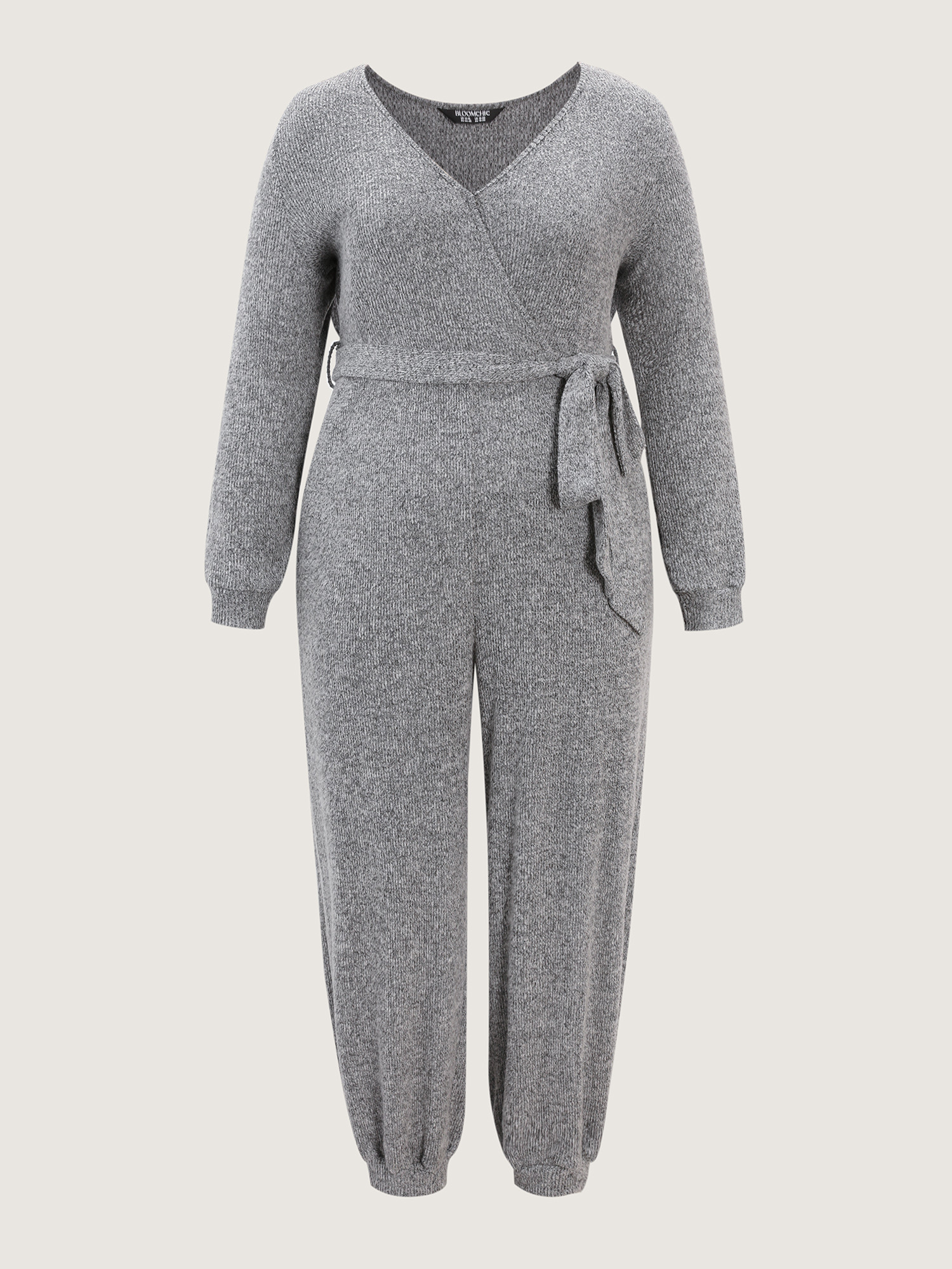 Side view of BloomChic Women's Plus Size Soft Wrap Waist-Tie Pockets Lounge Jumpsuit DarkGray not graphics 12/L