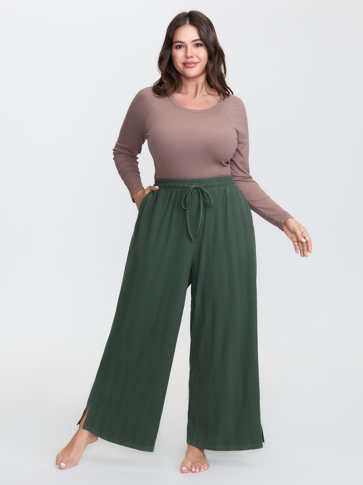 Side view of BloomChic Women's Plus Size Textured Stretchy Drawstring Waist Lounge Bottoms DarkSlateGray 18-20/2X