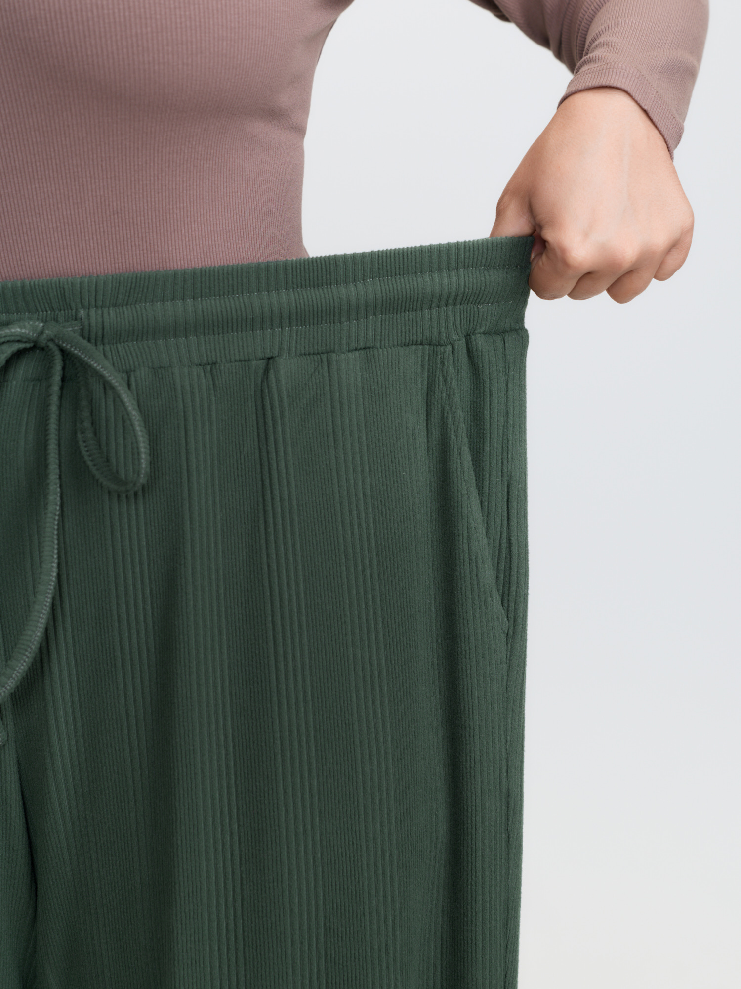Side view of BloomChic Women's Plus Size Textured Stretchy Drawstring Waist Lounge Bottoms DarkSlateGray 18-20/2X