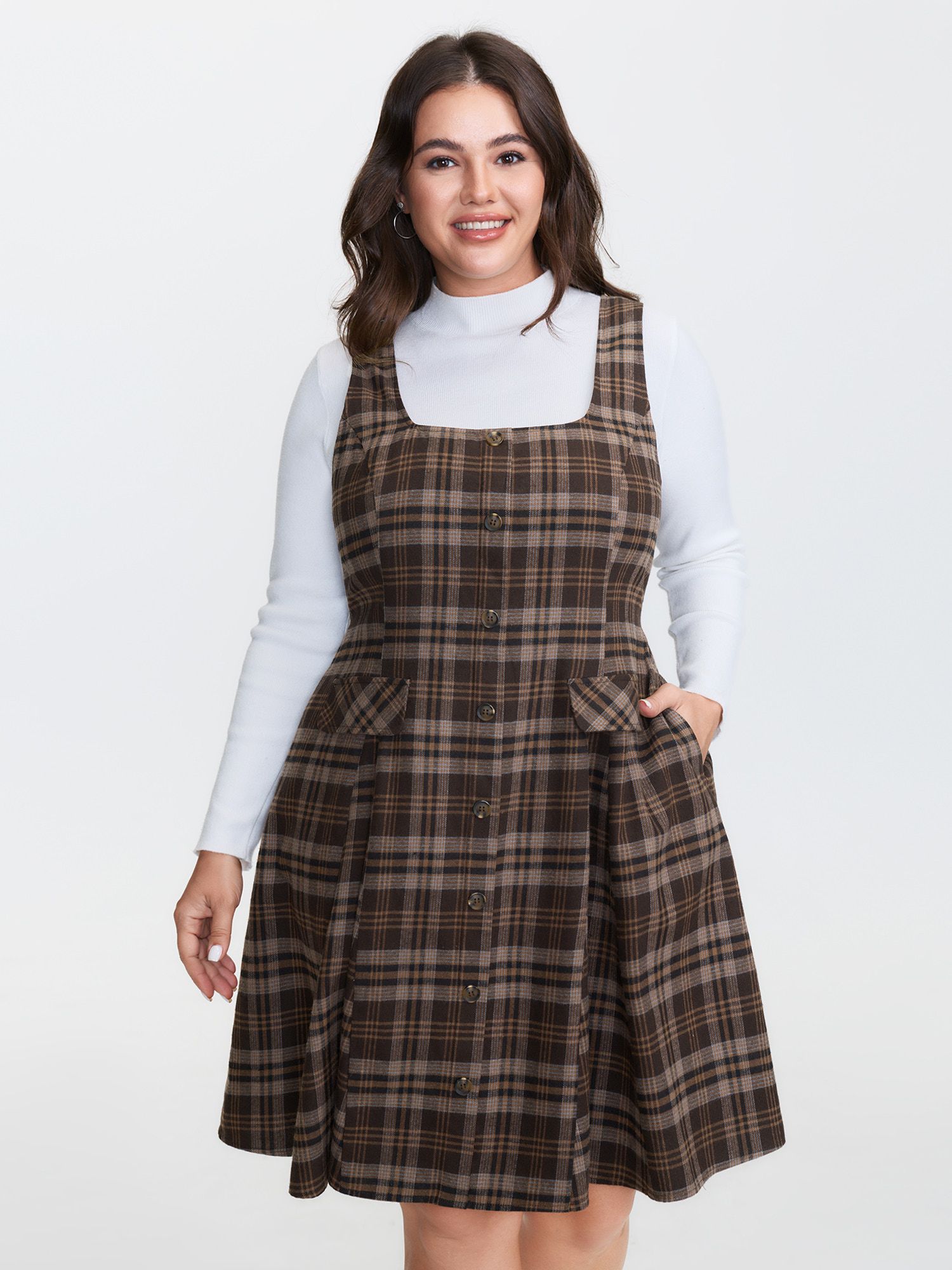 BloomChic Women's Plus Size Plaid Pattern Button Pockets Mini Dress DarkBrown Plaid Mini Everyday-Casual Button Front 30/6X