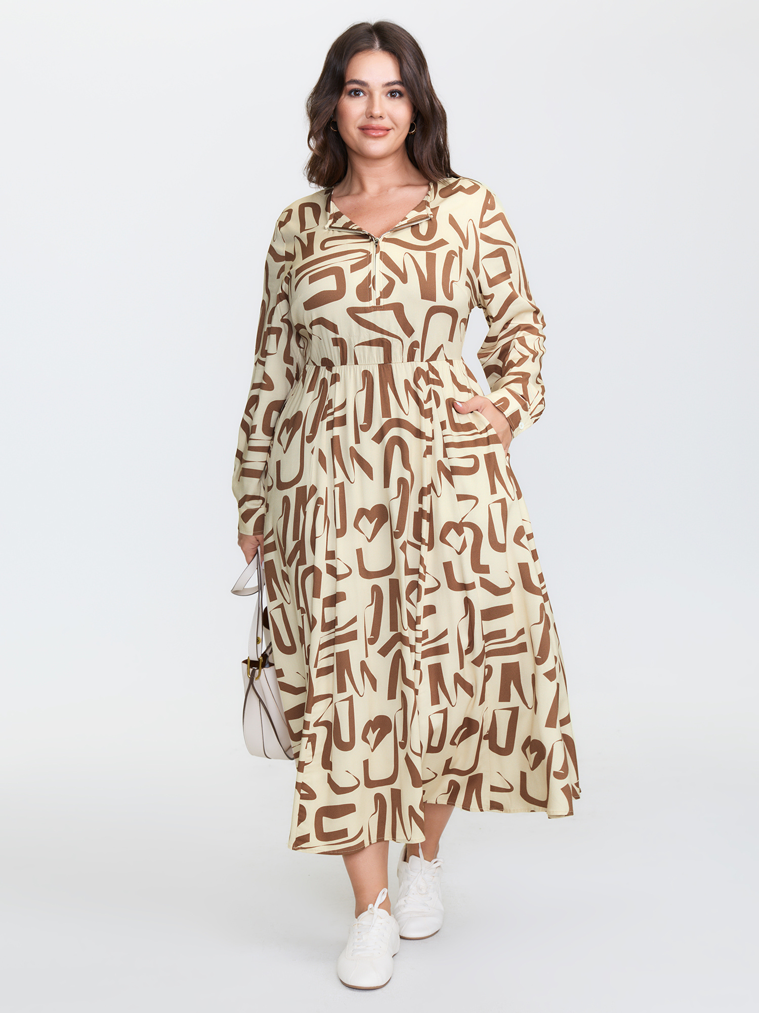 BloomChic Women's Plus Size Geometric Print Zipper A-Line Midi Dress Multicolor Abstract Maxi Everyday-Casual Non 10/M