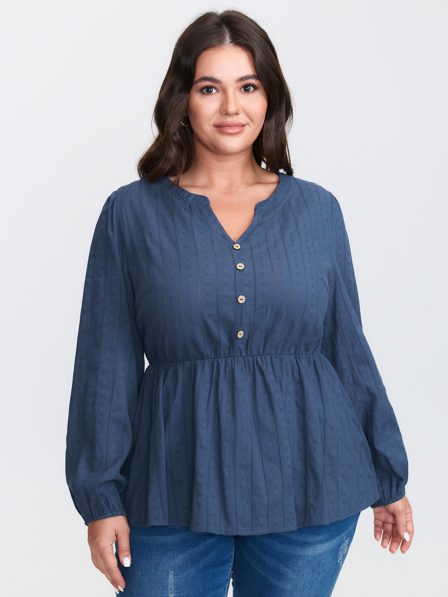BloomChic Women's Plus Size Cotton Textured Cinched-Flared Blouse DarkBlue Solid Everyday-Casual Long Sleeve V-Notch Neck 12/L