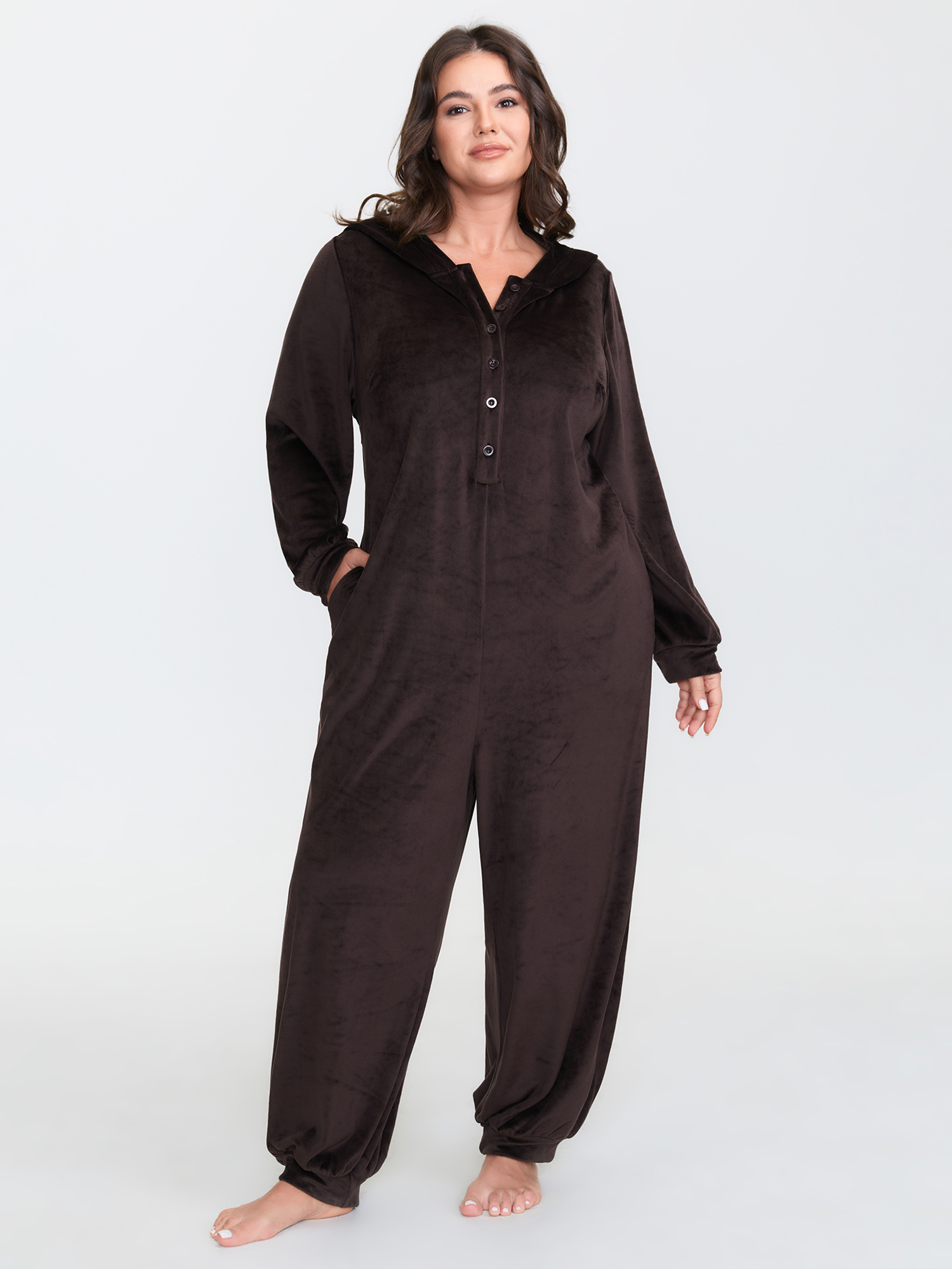 BloomChic Women's Plus Size Stretchy Hooded Button Placket Pocket Lounge Jumpsuit Browncoffeecolor not graphics 28/5X-image-47765583593642