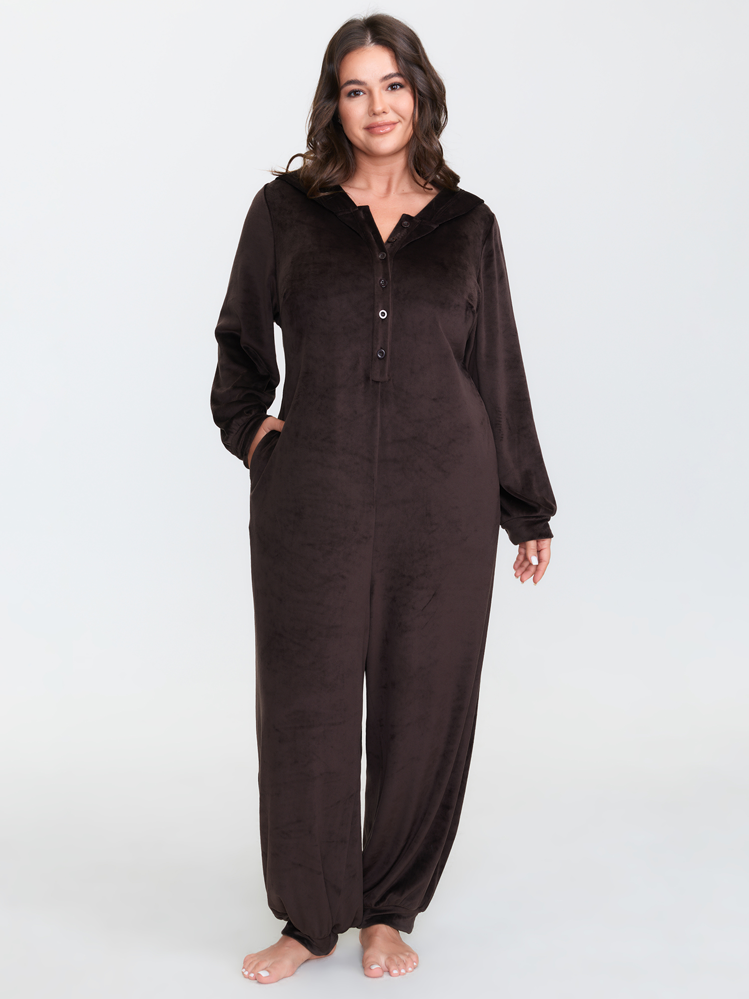 Side view of BloomChic Women's Plus Size Stretchy Hooded Button Placket Pocket Lounge Jumpsuit Browncoffeecolor not graphics 10/M