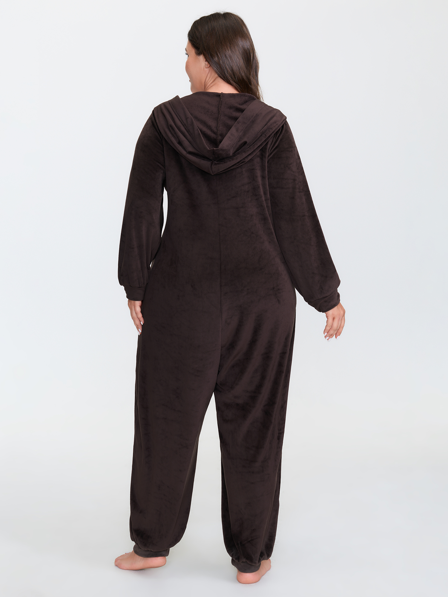Side view of BloomChic Women's Plus Size Stretchy Hooded Button Placket Pocket Lounge Jumpsuit Browncoffeecolor not graphics 10/M