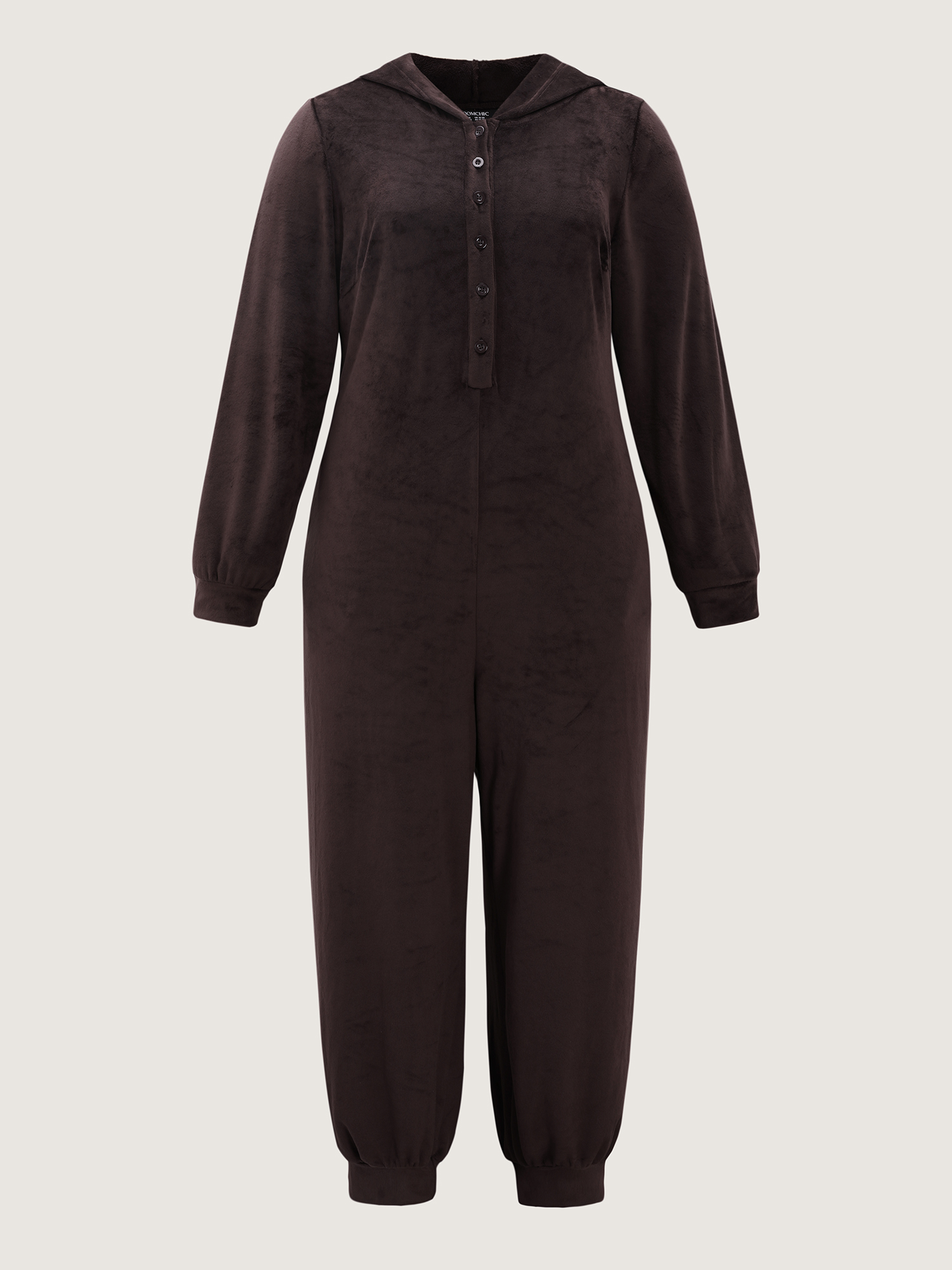 Side view of BloomChic Women's Plus Size Stretchy Hooded Button Placket Pocket Lounge Jumpsuit Browncoffeecolor not graphics 10/M