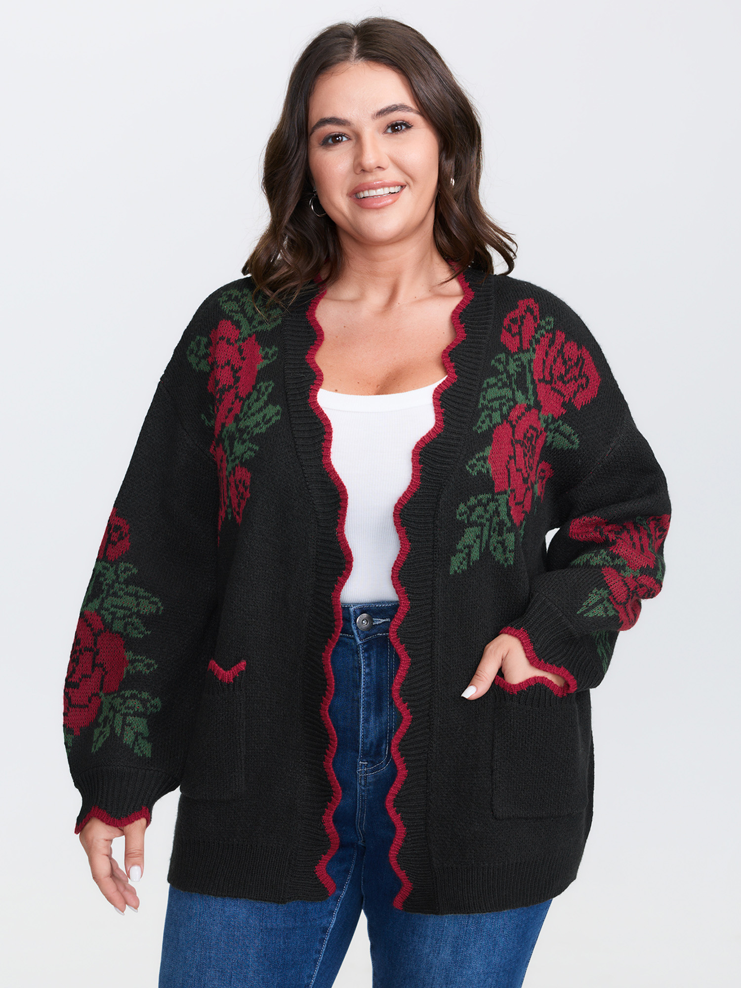 BloomChic Women's Plus Size Rose Pattern Jacquard Color Contrast Knit Cardigan Black Long Sleeve V-Neck 10/M