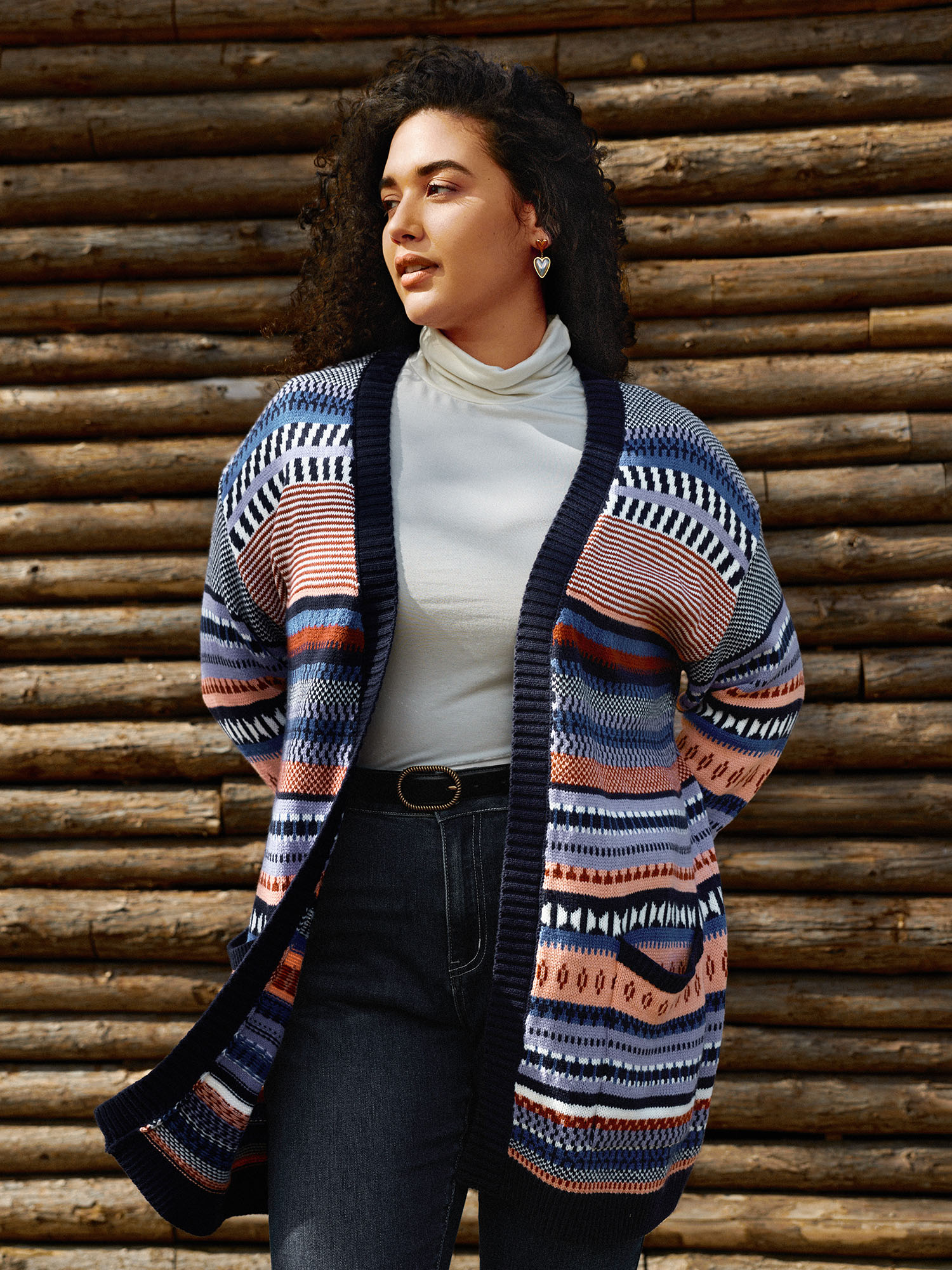 BloomChic Women's Plus Size Multicolor Stripe Jacquard Pockets Knit Cardigan Midnight Long Sleeve 10/M