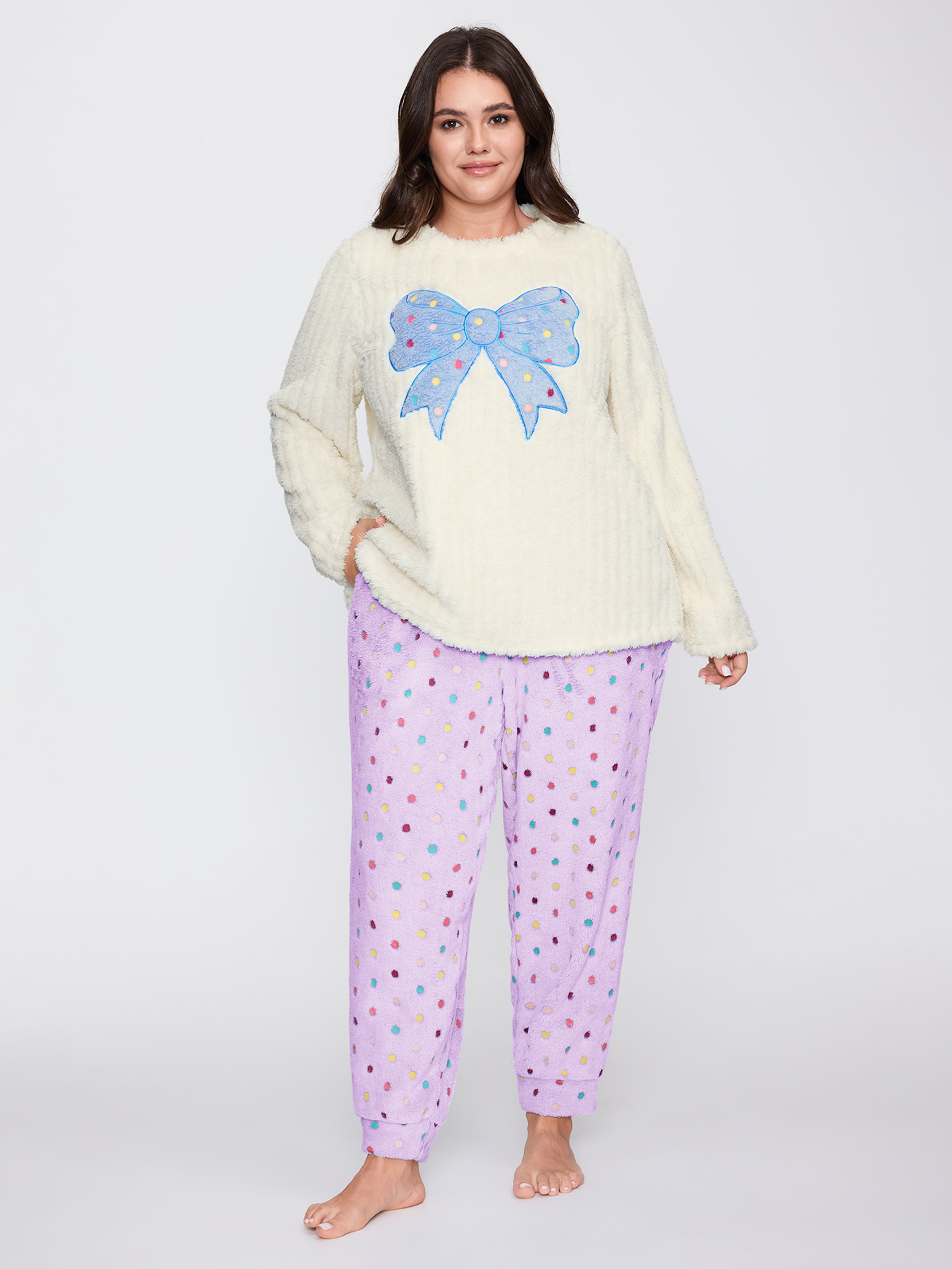 Side view of BloomChic Women's Plus Size Fluffy Textured Polka Dots Lounge Bottoms Lilac 30/6X