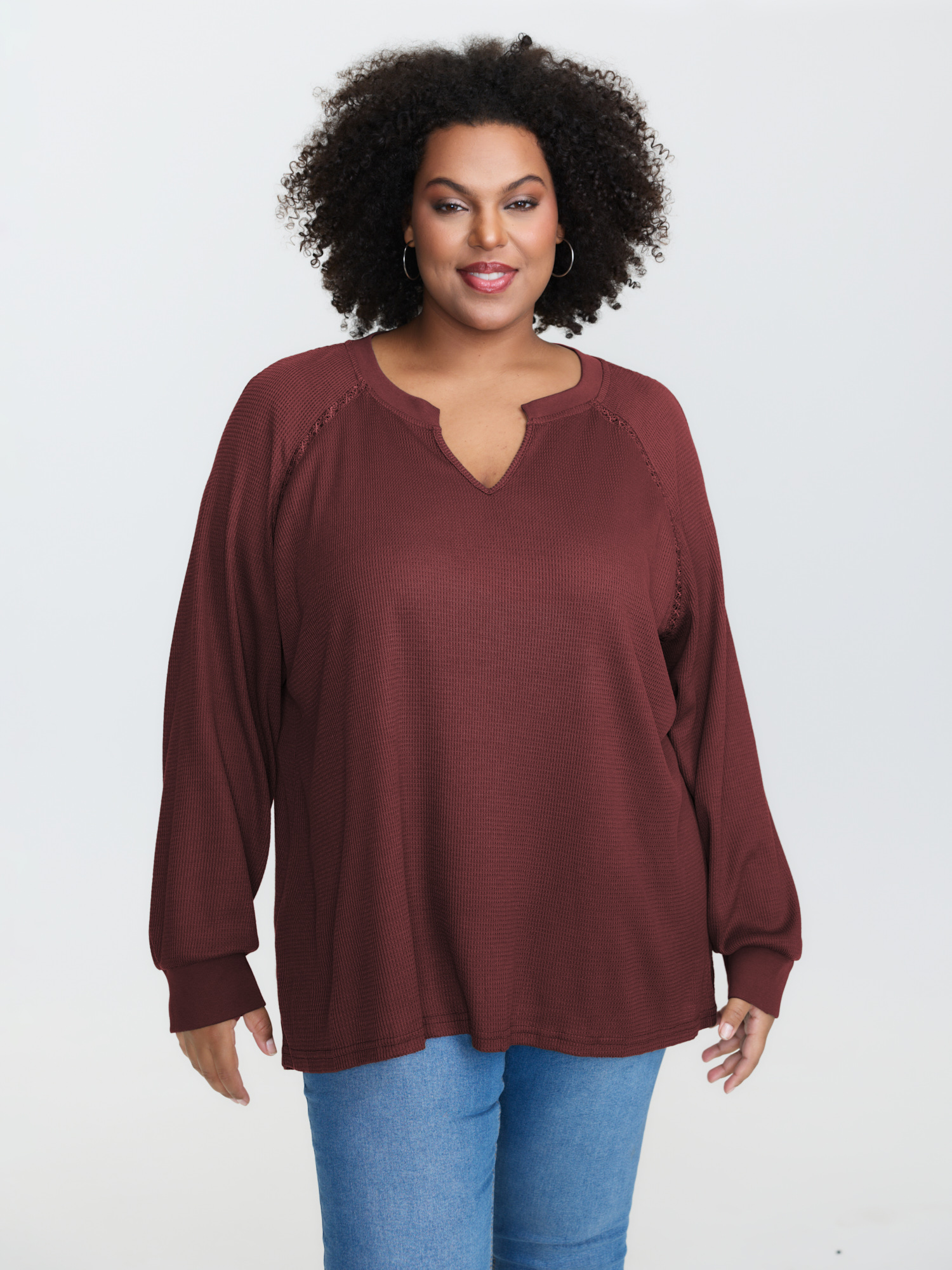 BloomChic Women's Plus Size Waffle Grid Notched Collar Lace Sweatshirt Burgundy not graphics Everyday-Casual V-Notch Neck 10/M