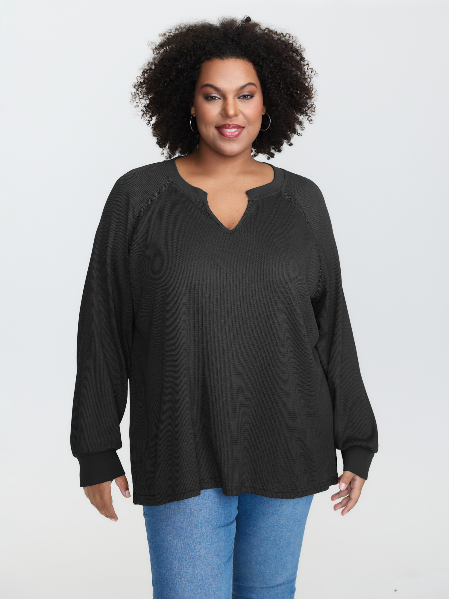 BloomChic Women's Plus Size Waffle Grid Notched Collar Lace Sweatshirt Black not graphics Everyday-Casual V-Notch Neck 10/M