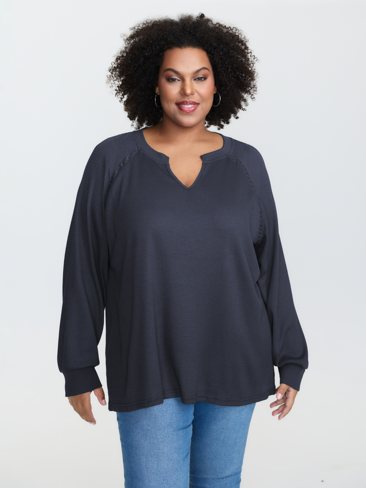 BloomChic Women's Plus Size Waffle Grid Notched Collar Lace Sweatshirt Baritone Blue not graphics Everyday-Casual V-Notch Neck 10/M