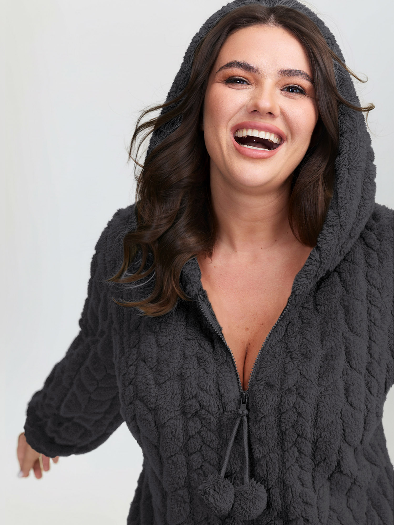 Side view of BloomChic Women's Plus Size Cozy Fleece Half Zipper Lounge Jumpsuit DimGray not graphics 14-16/1X