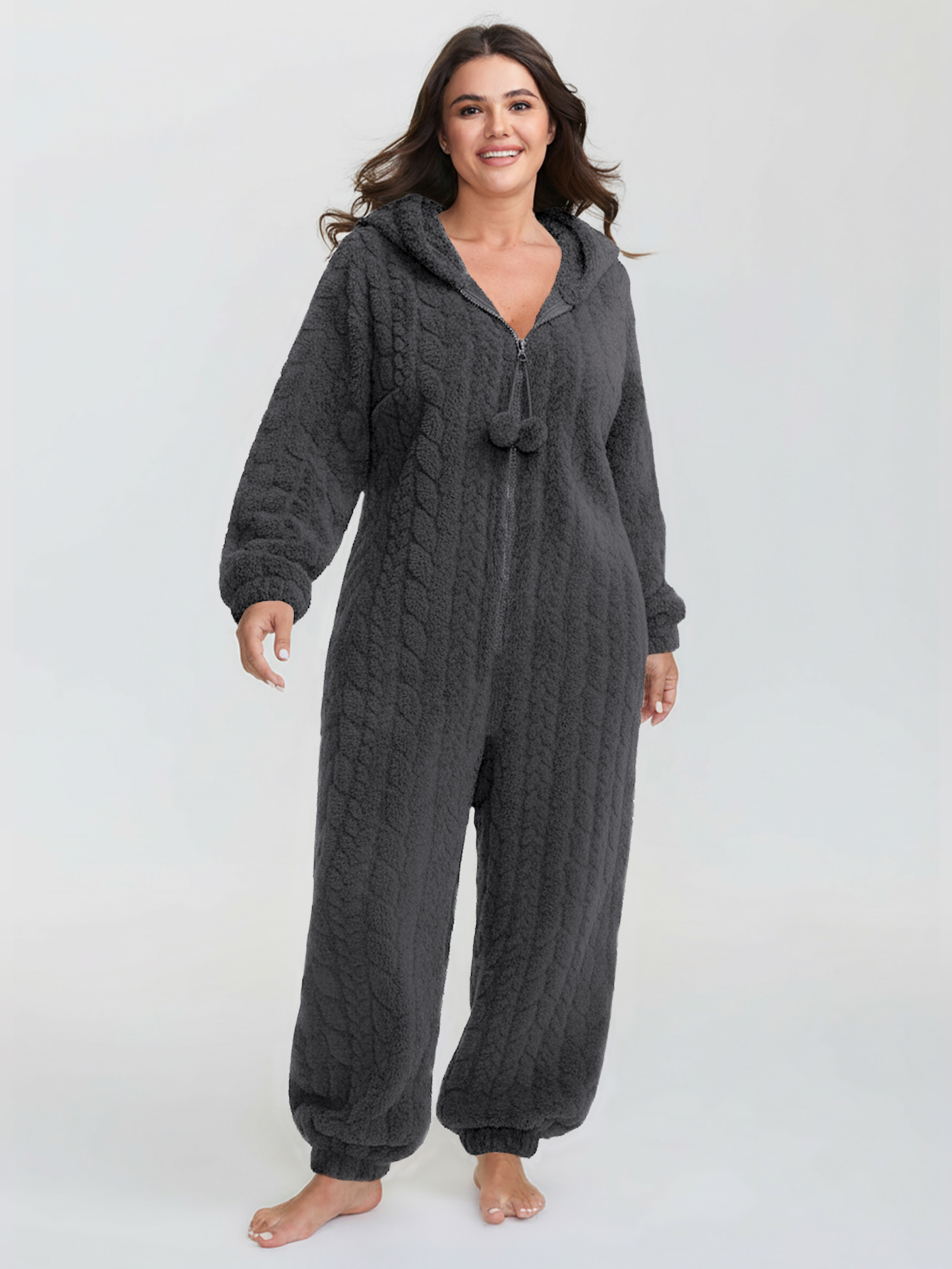 Side view of BloomChic Women's Plus Size Cozy Fleece Half Zipper Lounge Jumpsuit DimGray not graphics 14-16/1X