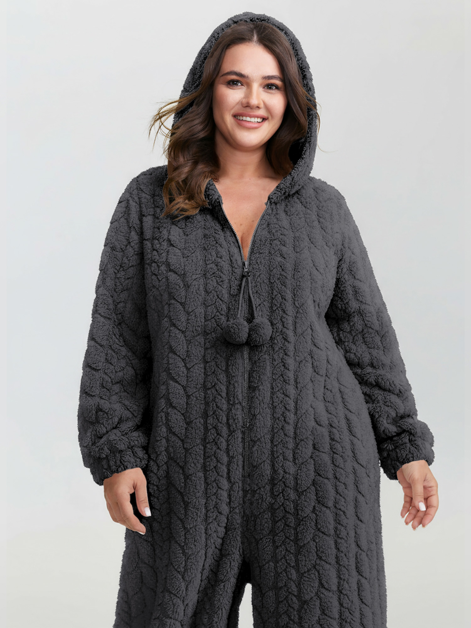 Side view of BloomChic Women's Plus Size Cozy Fleece Half Zipper Lounge Jumpsuit DimGray not graphics 14-16/1X