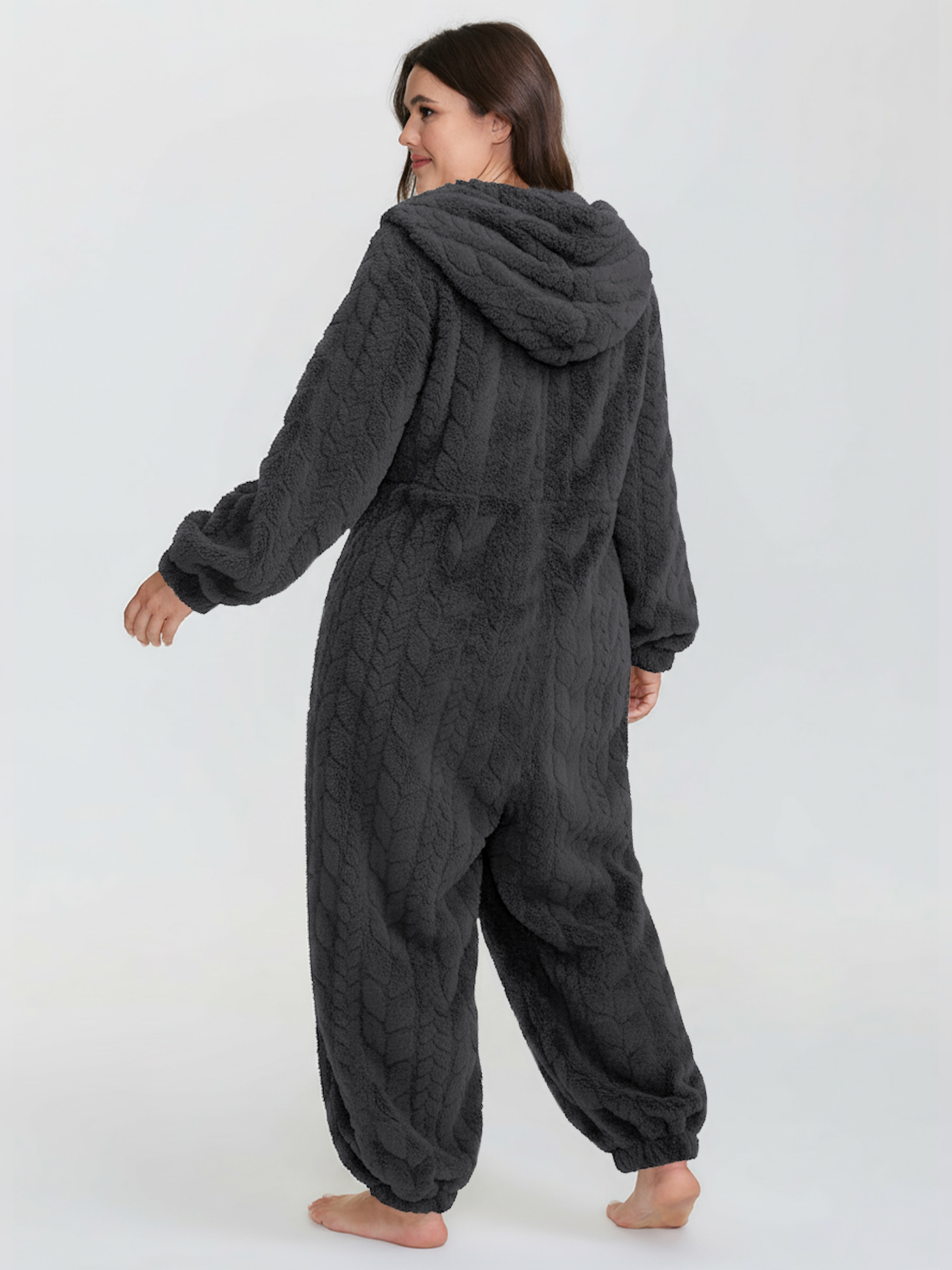 Side view of BloomChic Women's Plus Size Cozy Fleece Half Zipper Lounge Jumpsuit DimGray not graphics 14-16/1X
