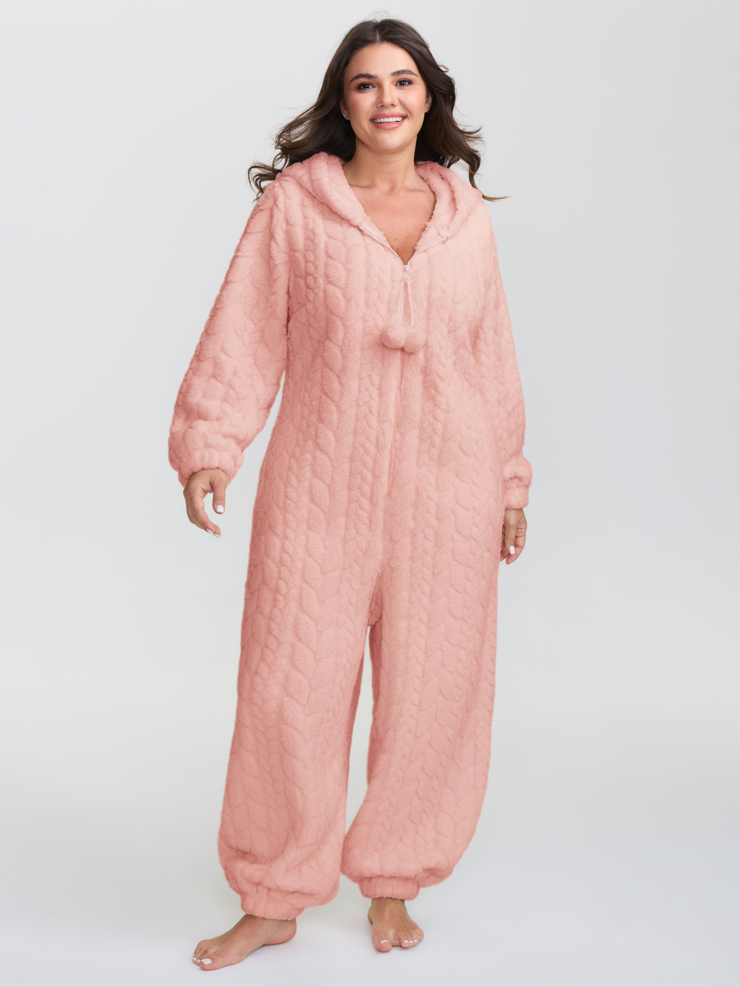 Side view of BloomChic Women's Plus Size Cozy Fleece Half Zipper Lounge Jumpsuit Rouge not graphics 14-16/1X