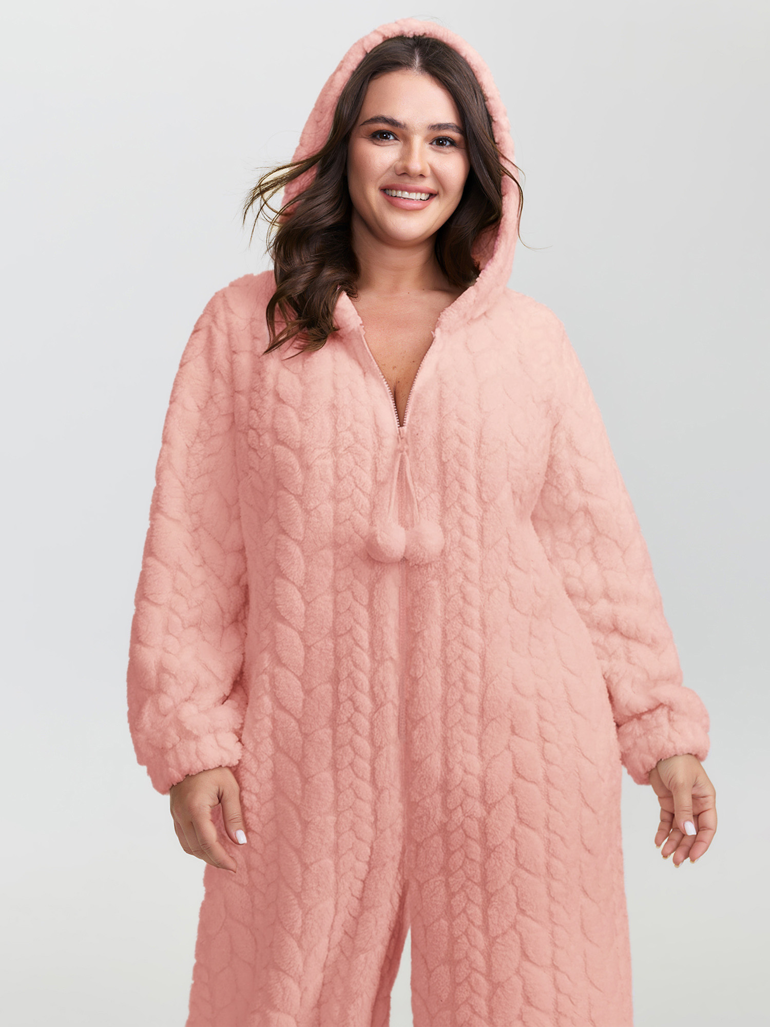 Side view of BloomChic Women's Plus Size Cozy Fleece Half Zipper Lounge Jumpsuit Rouge not graphics 14-16/1X