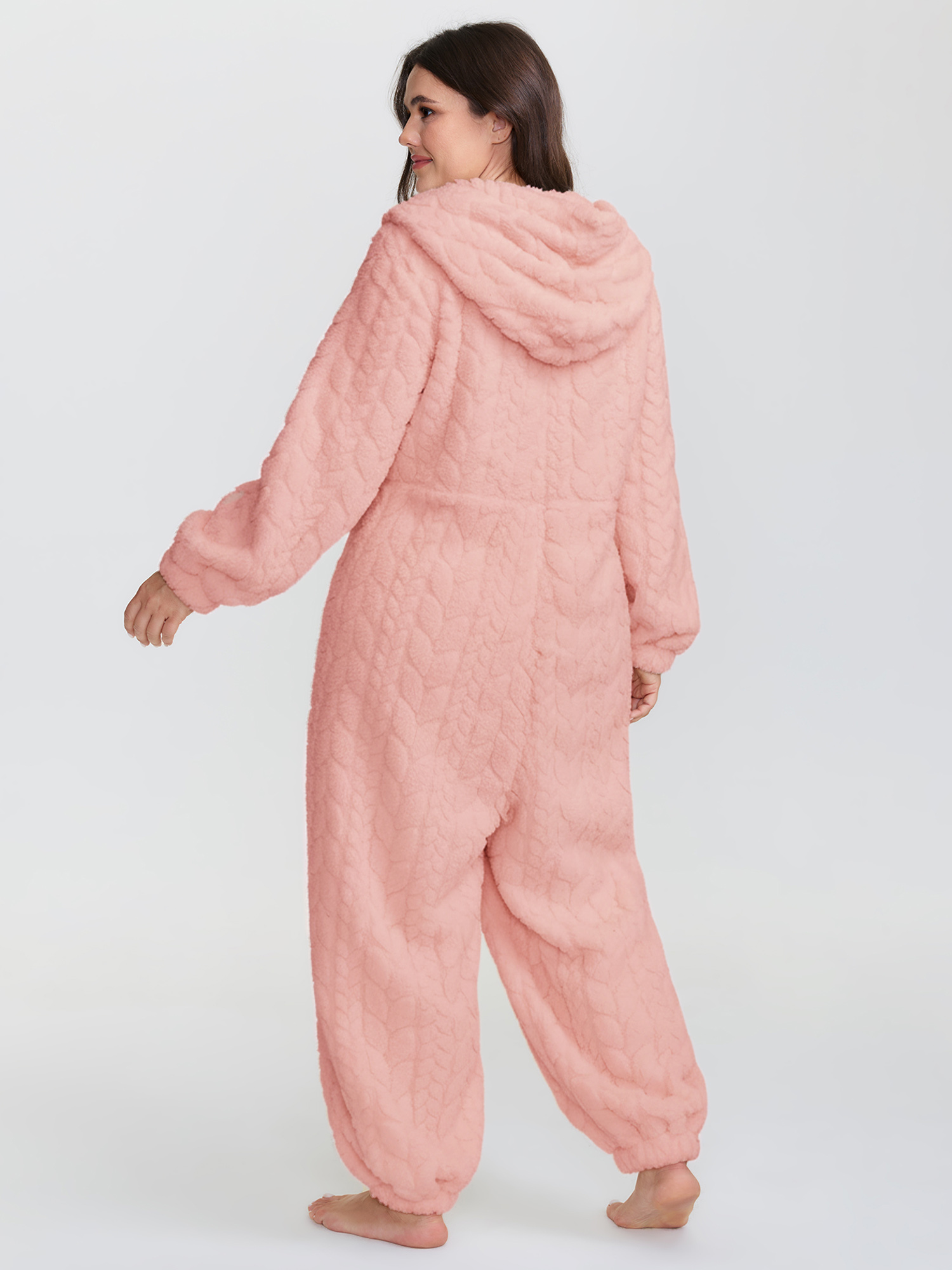 Side view of BloomChic Women's Plus Size Cozy Fleece Half Zipper Lounge Jumpsuit Rouge not graphics 14-16/1X
